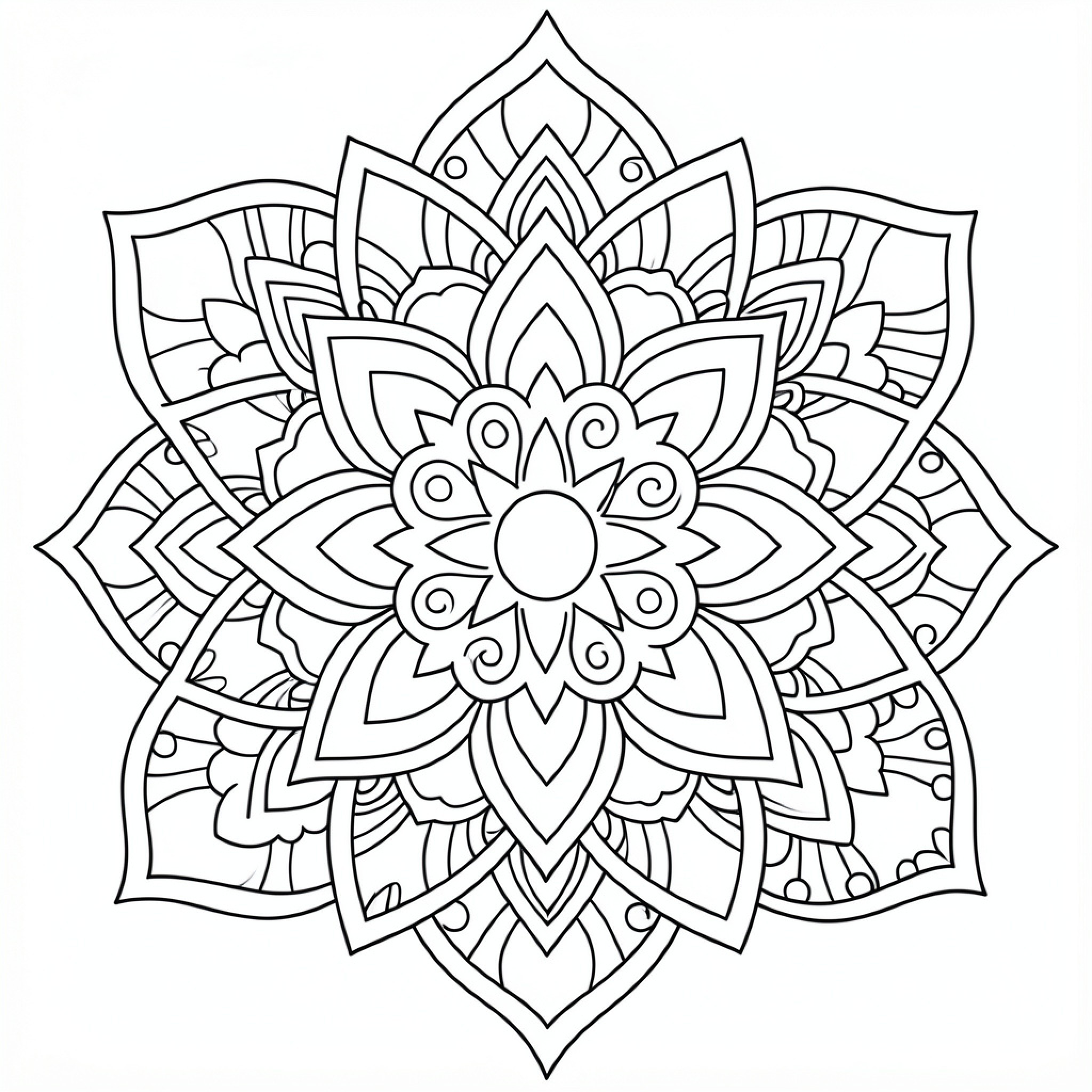 Easy Mandalas featuring intricate symmetrical floral petal patterns Drawing Idea (free black-and-white line drawing printable PDF for all, from beginners to advanced learners, including children, teens, adults, and seniors)
