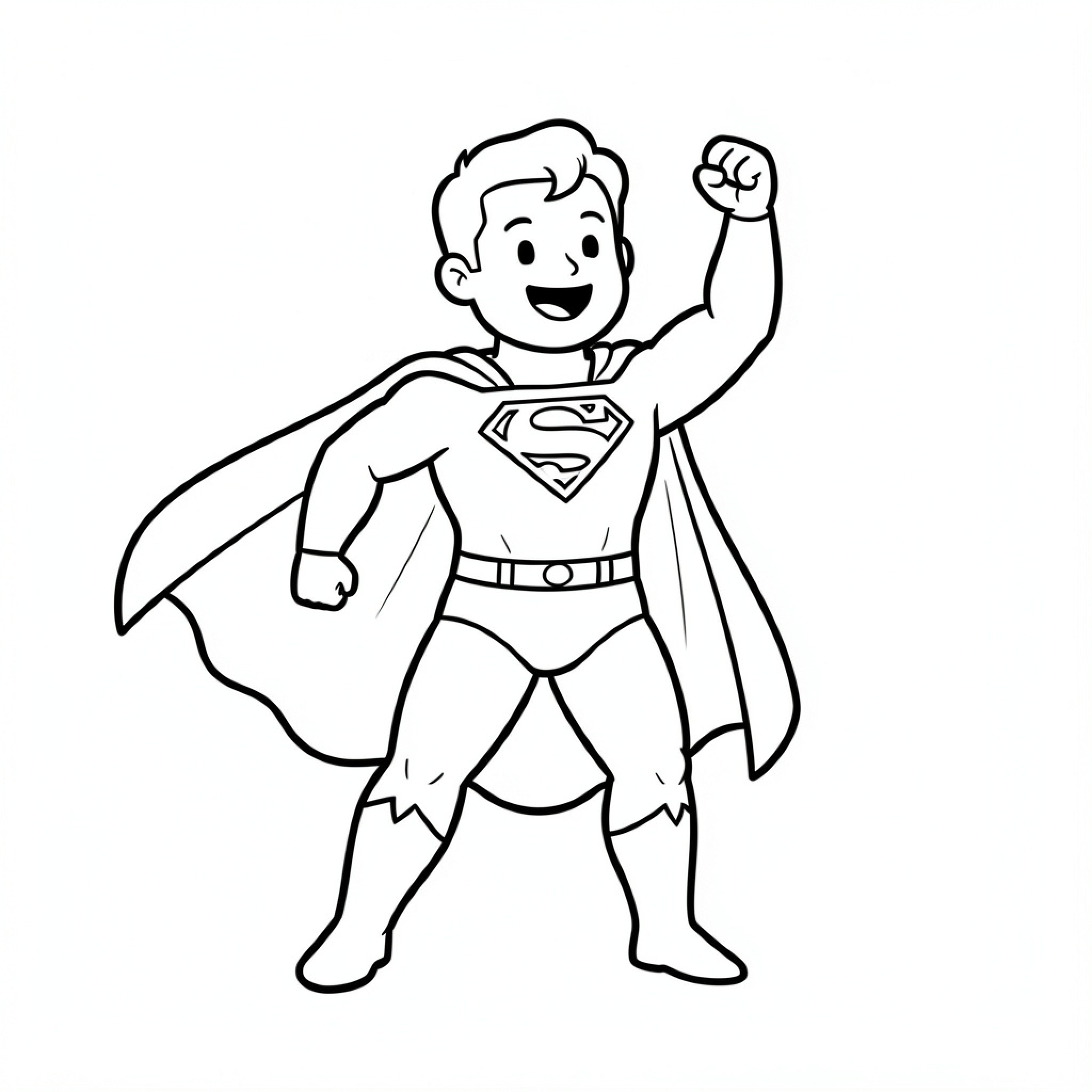 Easy Superman posing heroically with a raised fist Drawing Idea (free black-and-white line drawing printable PDF for all, from beginners to advanced learners, including children, teens, adults, and seniors)