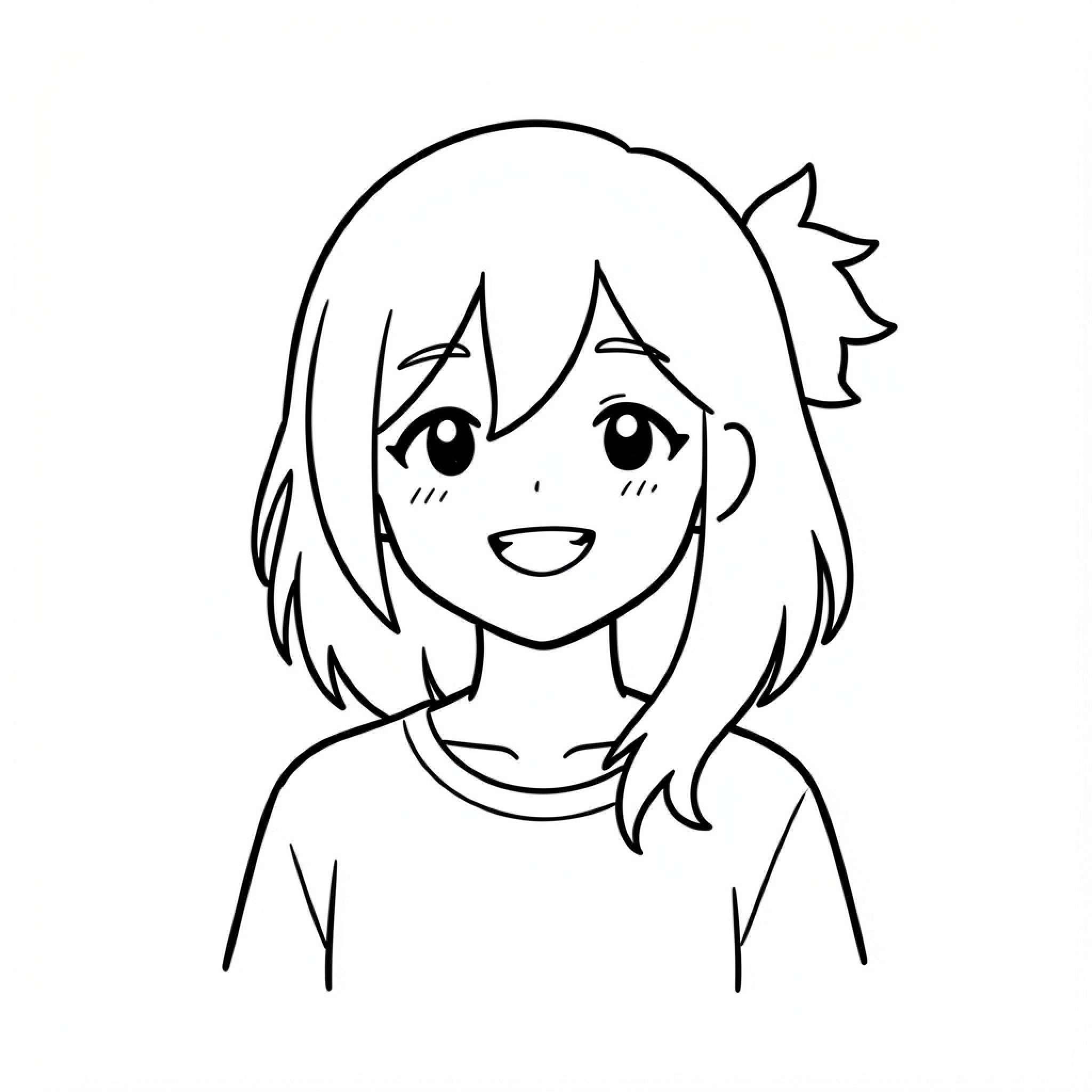 Easy Girl smiling happily with a hair accessory Drawing Idea (free black-and-white line drawing printable PDF for all, from beginners to advanced learners, including children, teens, adults, and seniors)
