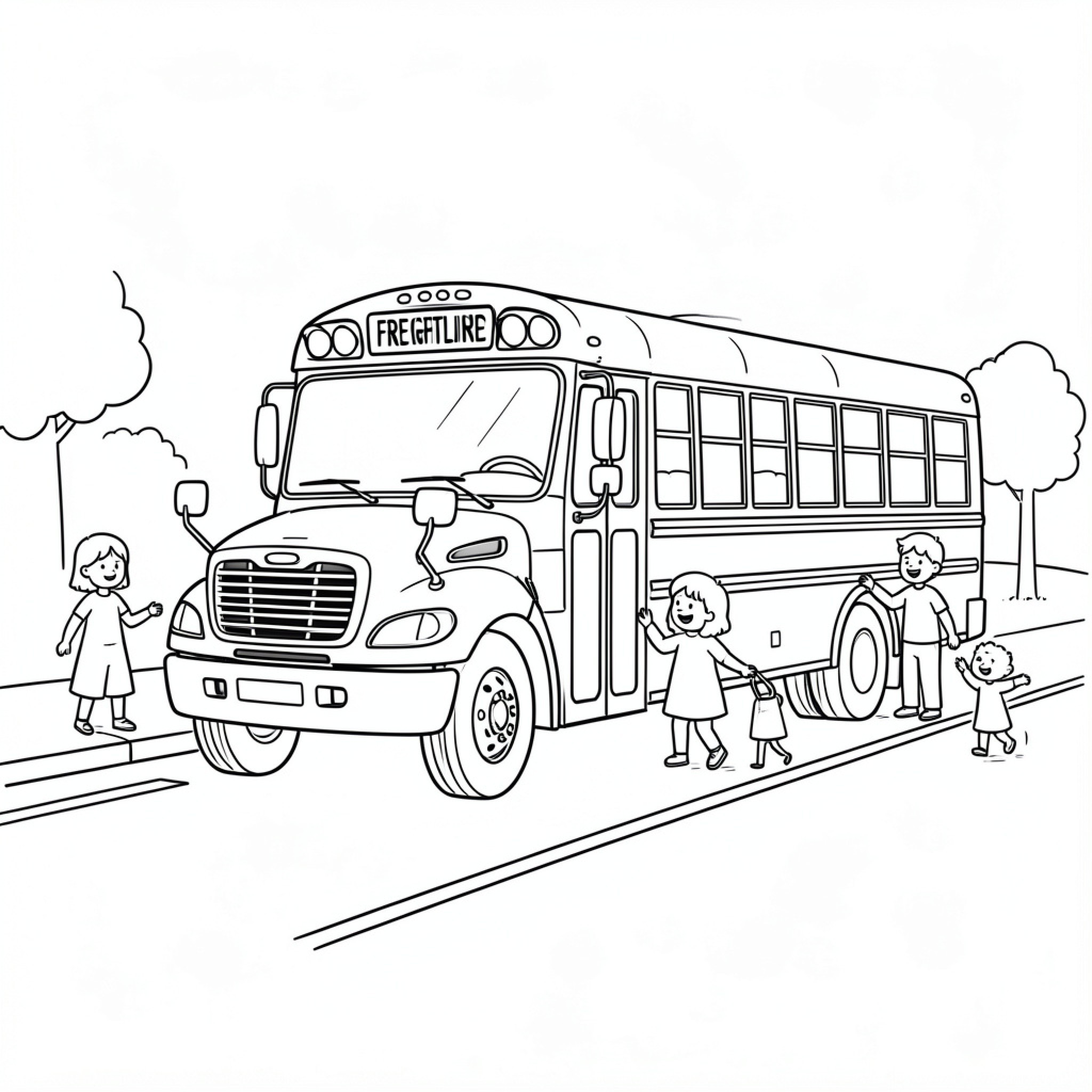Easy Freightliner with children walking near the bus Drawing Idea (free black-and-white line drawing printable PDF for all, from beginners to advanced learners, including children, teens, adults, and seniors)
