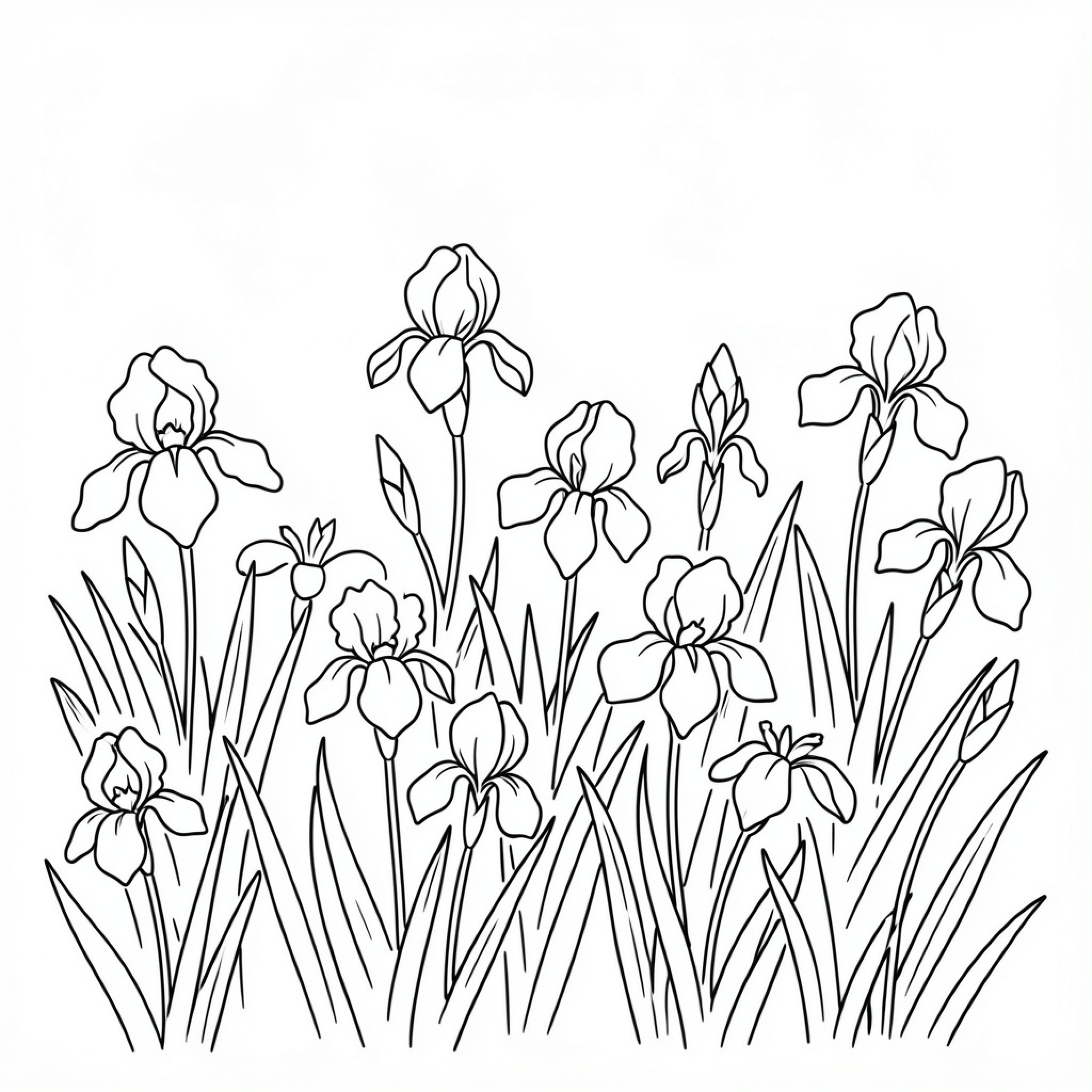 Easy Iris flowers blooming in a garden scene Drawing Idea (free black-and-white line drawing printable PDF for all, from beginners to advanced learners, including children, teens, adults, and seniors)