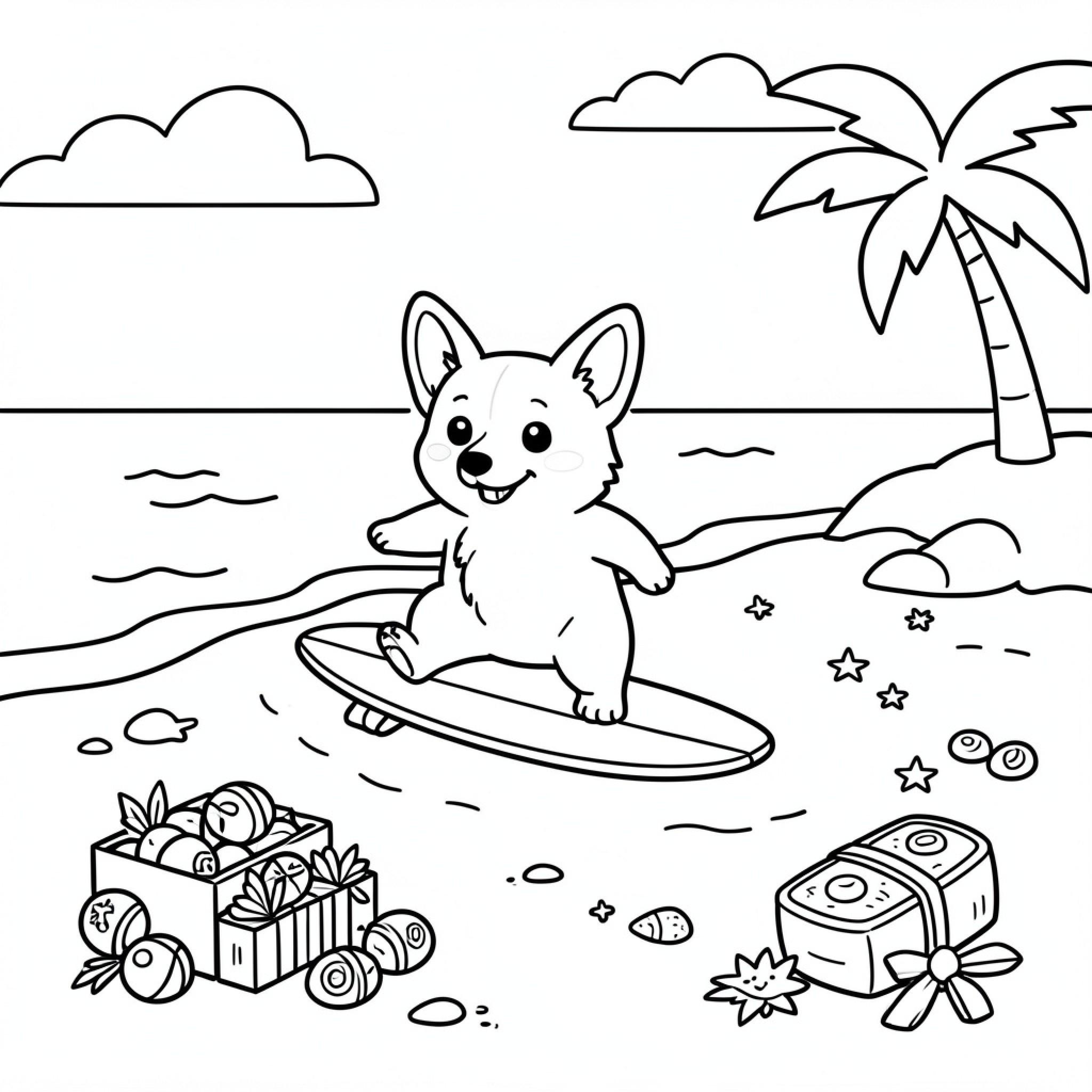 Easy Corgi skateboarding happily on a tropical beach Drawing Idea (free black-and-white line drawing printable PDF for all, from beginners to advanced learners, including children, teens, adults, and seniors)