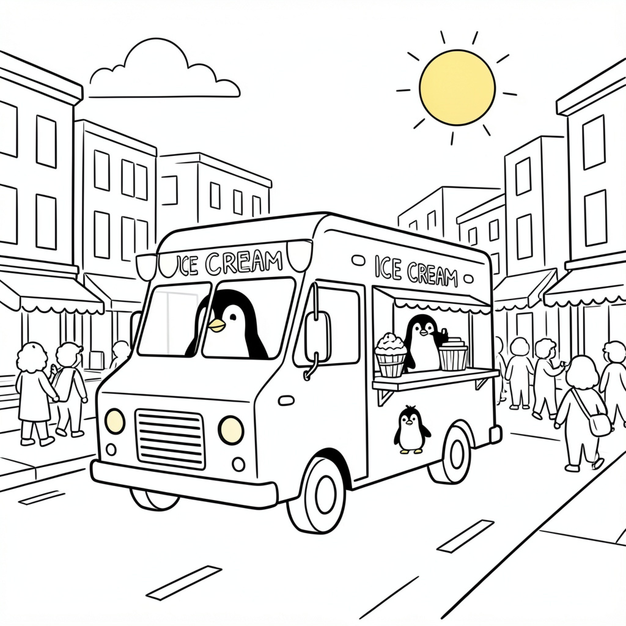 Easy Penguin driving an ice cream truck in town Drawing Idea (free black-and-white line drawing printable PDF for all, from beginners to advanced learners, including children, teens, adults, and seniors)