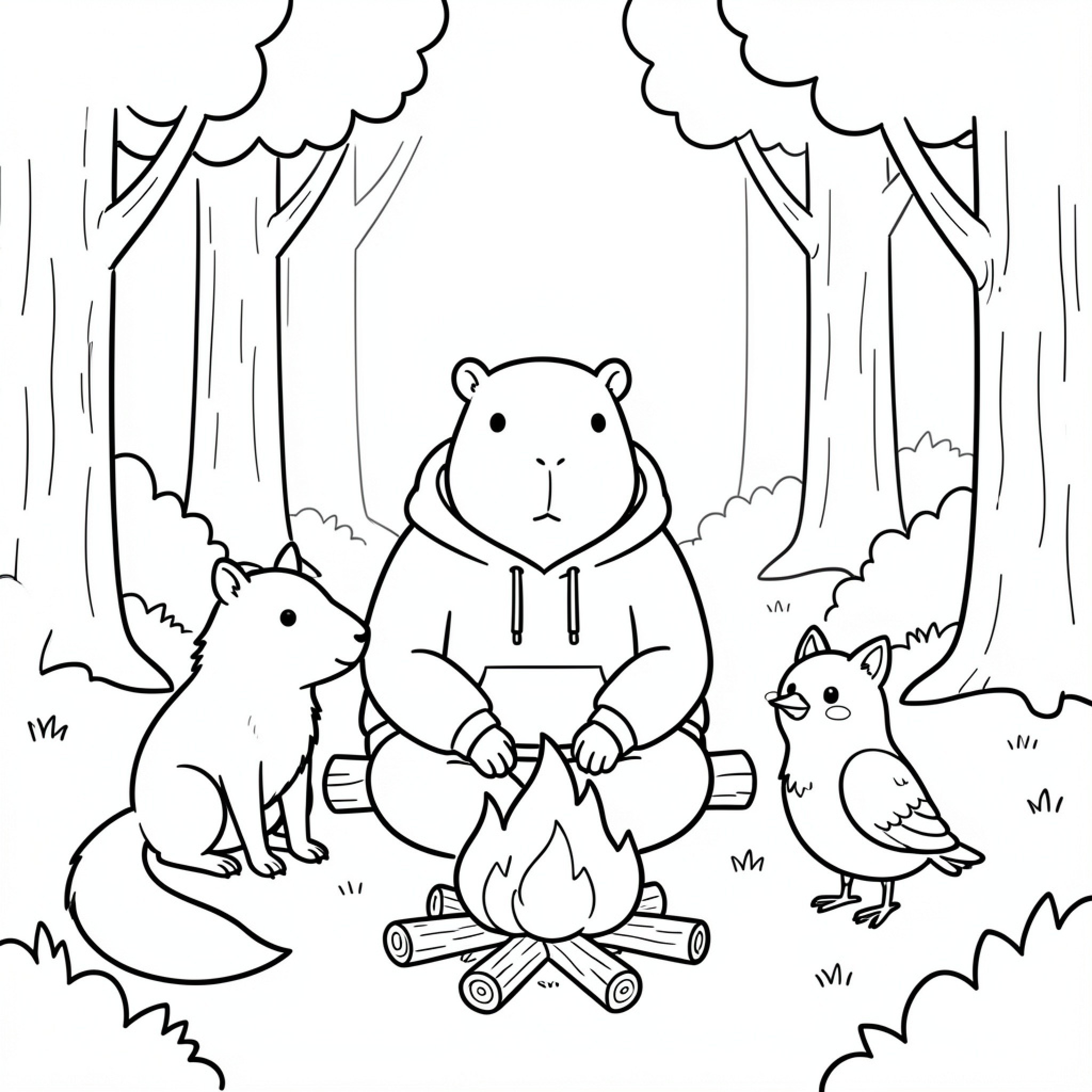Easy Capybara wearing a hoodie sitting by a campfire Drawing Idea (free black-and-white line drawing printable PDF for all, from beginners to advanced learners, including children, teens, adults, and seniors)