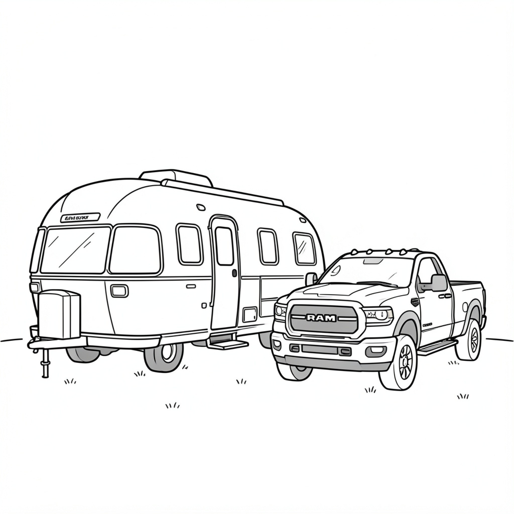 Easy Airstream being towed by a large pickup truck Drawing Idea (free black-and-white line drawing printable PDF for all, from beginners to advanced learners, including children, teens, adults, and seniors)
