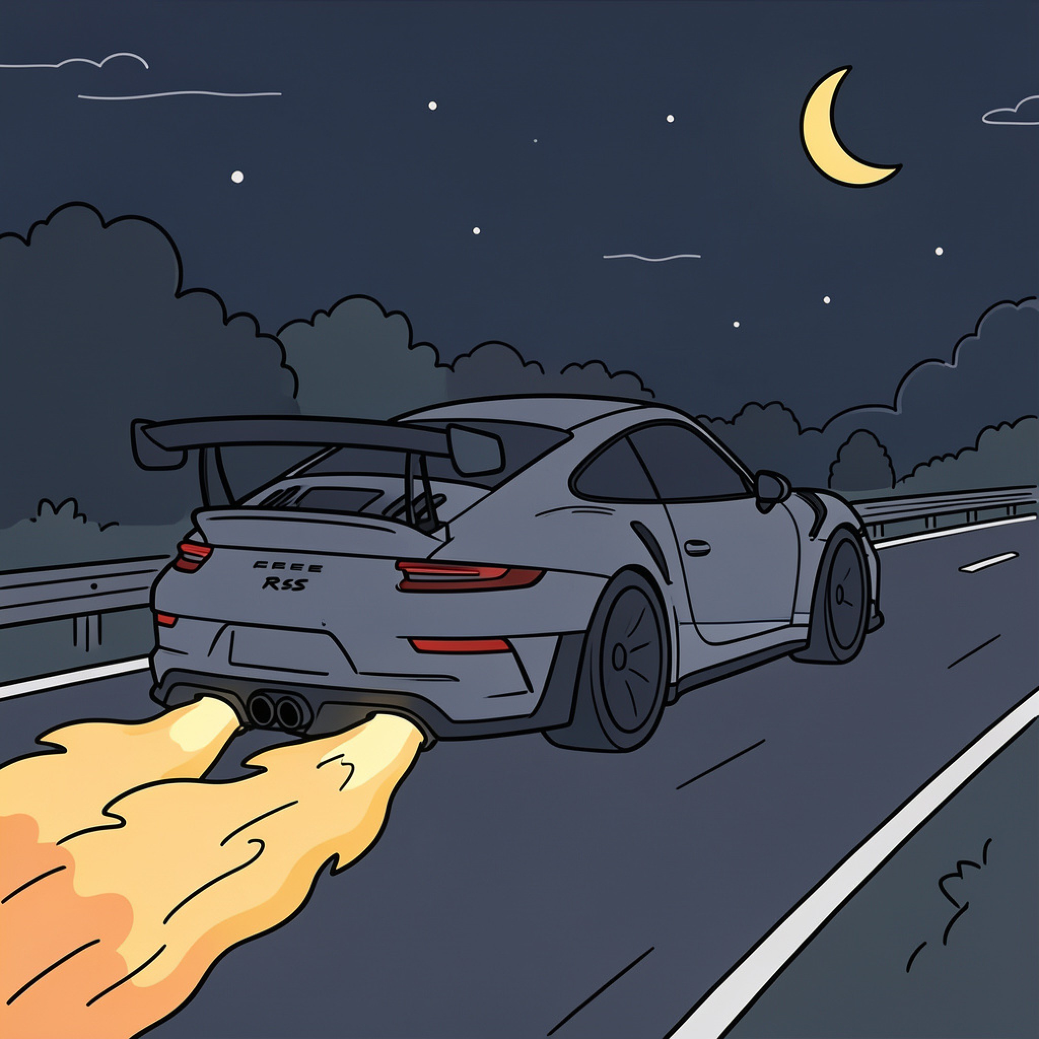 Easy Porsche driving fast on a night road Drawing Idea (free black-and-white line drawing printable PDF for all, from beginners to advanced learners, including children, teens, adults, and seniors)