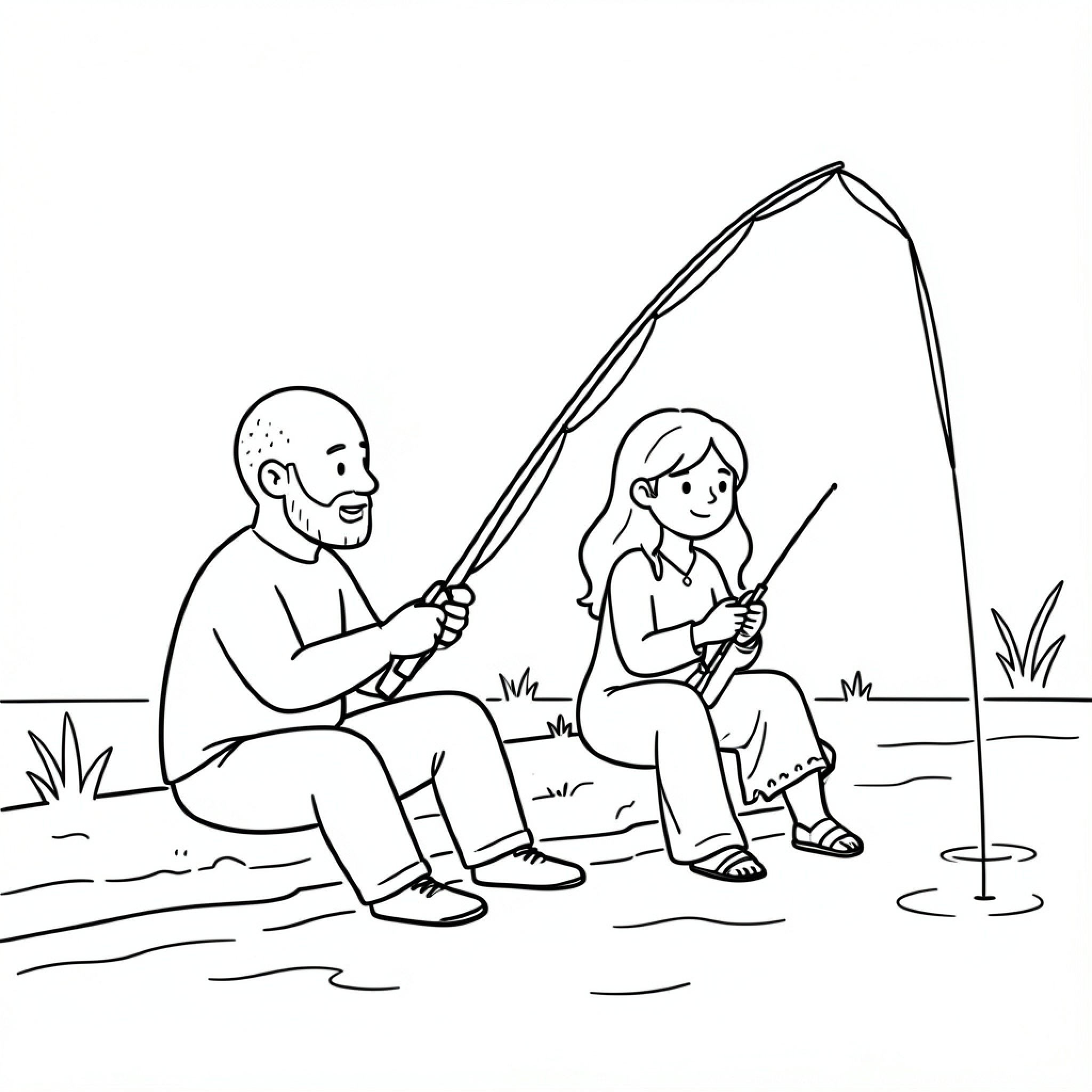 Easy Todd father and daughter fishing together Drawing Idea (free black-and-white line drawing printable PDF for all, from beginners to advanced learners, including children, teens, adults, and seniors)