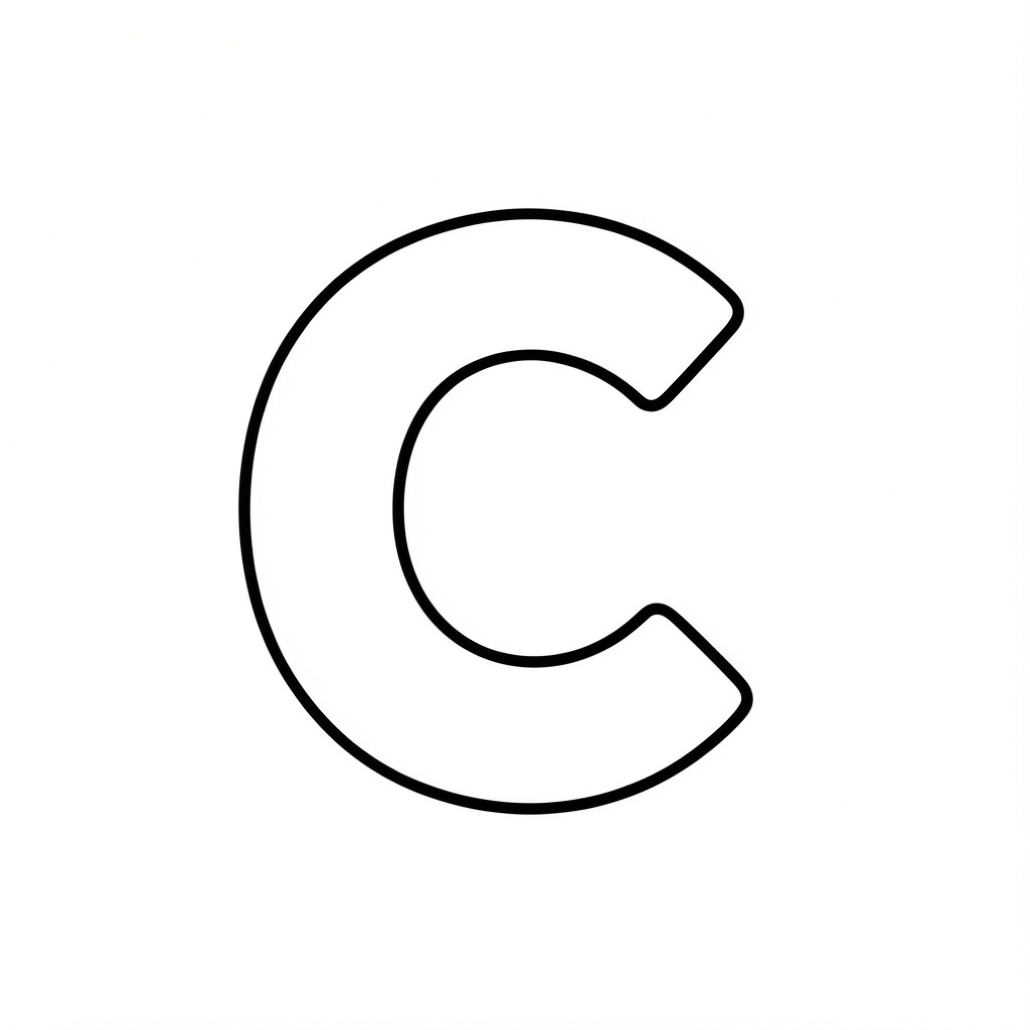 Easy C shaped letter outline on white background Drawing Idea (free black-and-white line drawing printable PDF for all, from beginners to advanced learners, including children, teens, adults, and seniors)