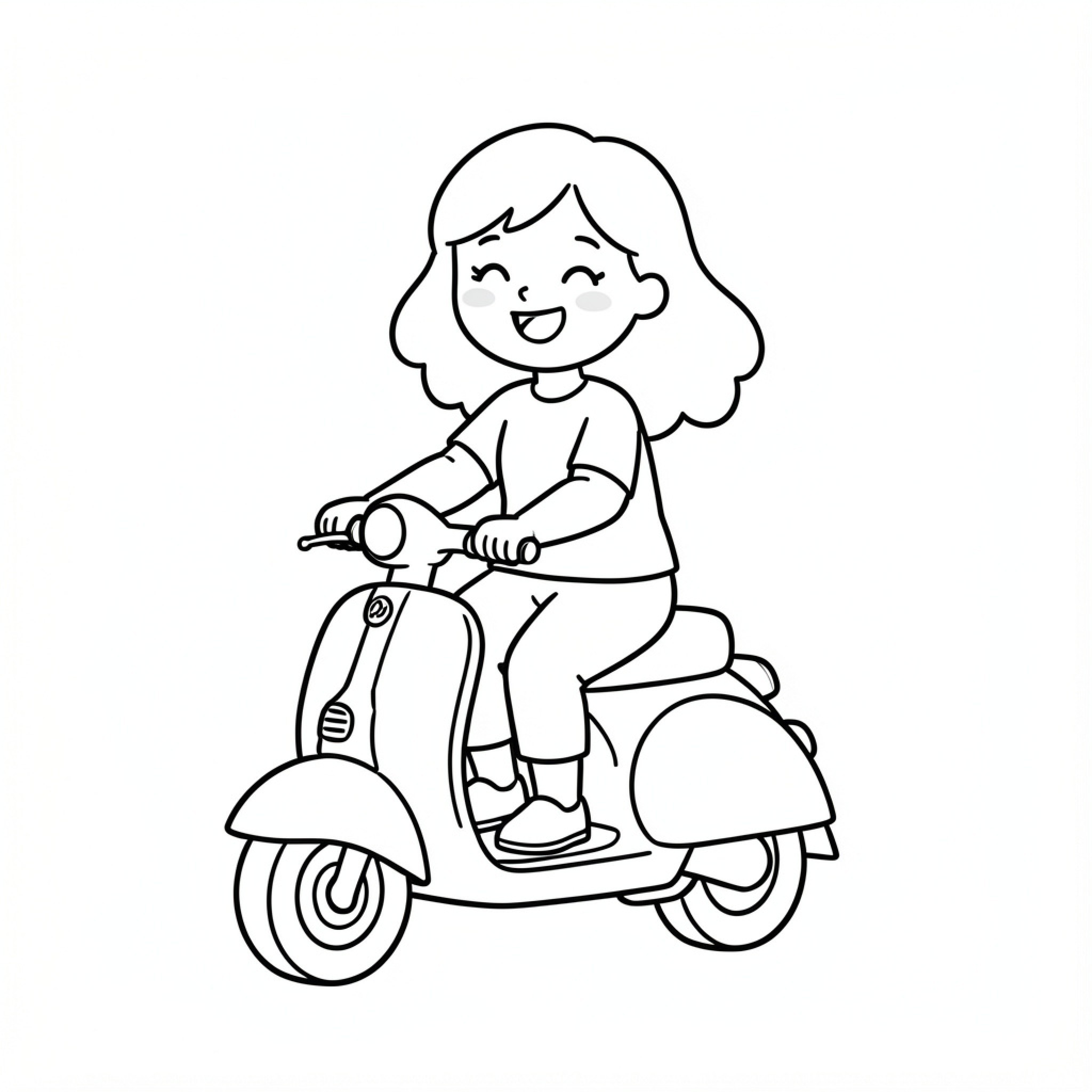 Easy Sophie happily riding a motor scooter Drawing Idea (free black-and-white line drawing printable PDF for all, from beginners to advanced learners, including children, teens, adults, and seniors)