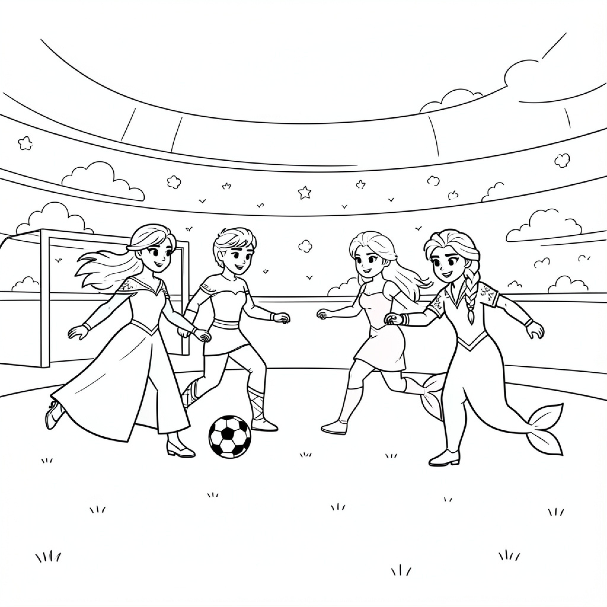 Easy Frozen Character playing soccer in a stadium Drawing Idea (free black-and-white line drawing printable PDF for all, from beginners to advanced learners, including children, teens, adults, and seniors)