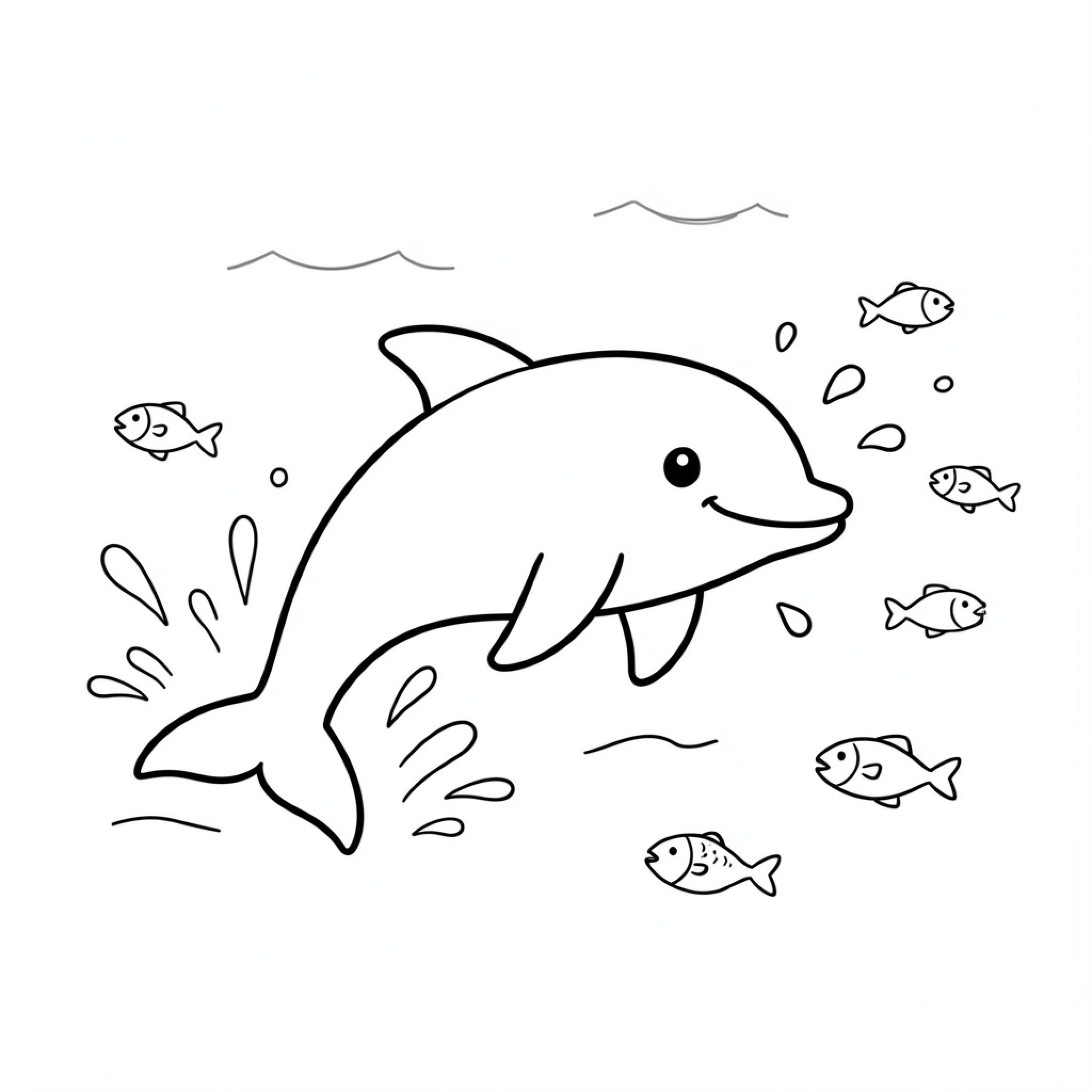 Easy Dolphin jumping joyfully among small fish Drawing Idea (free black-and-white line drawing printable PDF for all, from beginners to advanced learners, including children, teens, adults, and seniors)