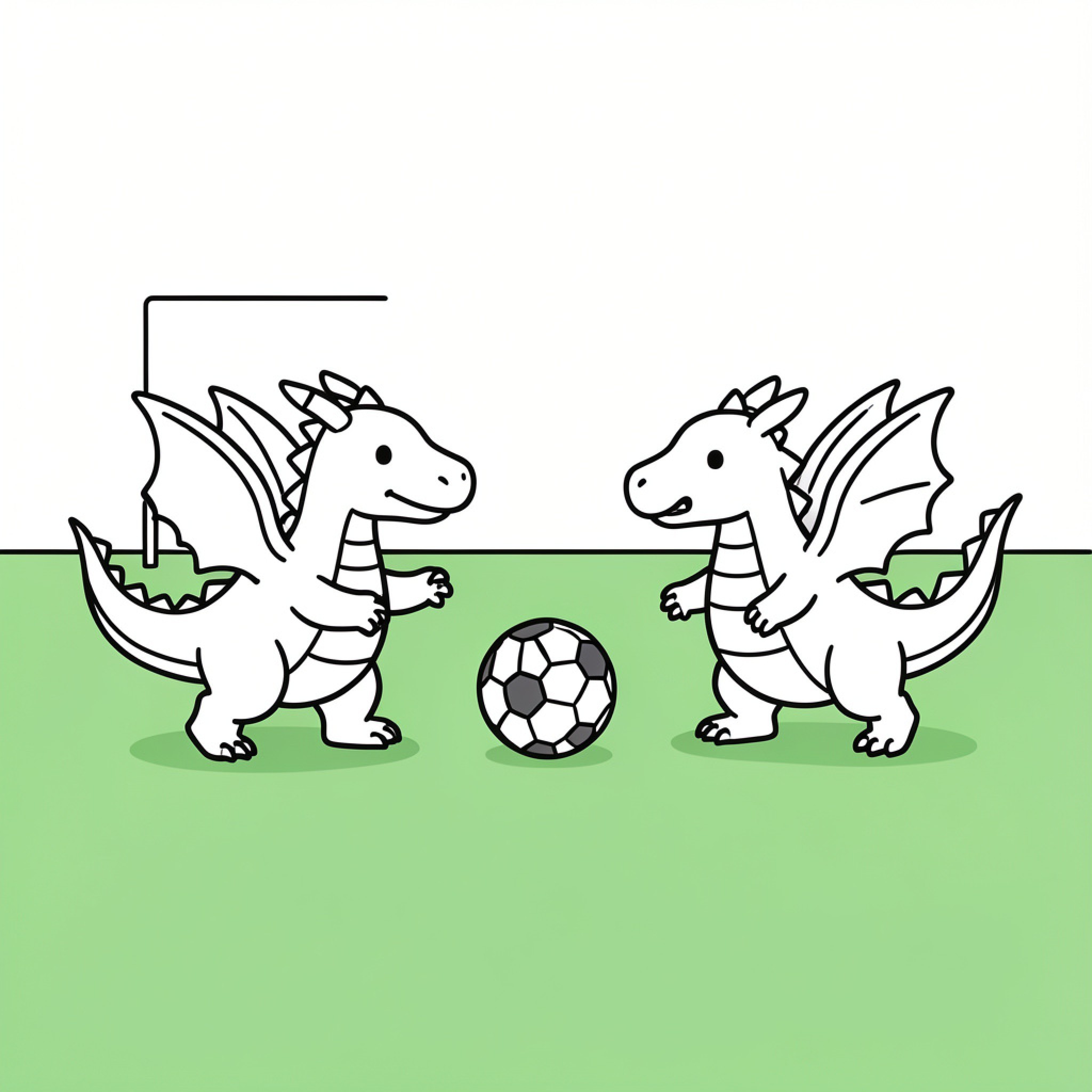 Easy Dragon playing soccer together on a field Drawing Idea (free black-and-white line drawing printable PDF for all, from beginners to advanced learners, including children, teens, adults, and seniors)
