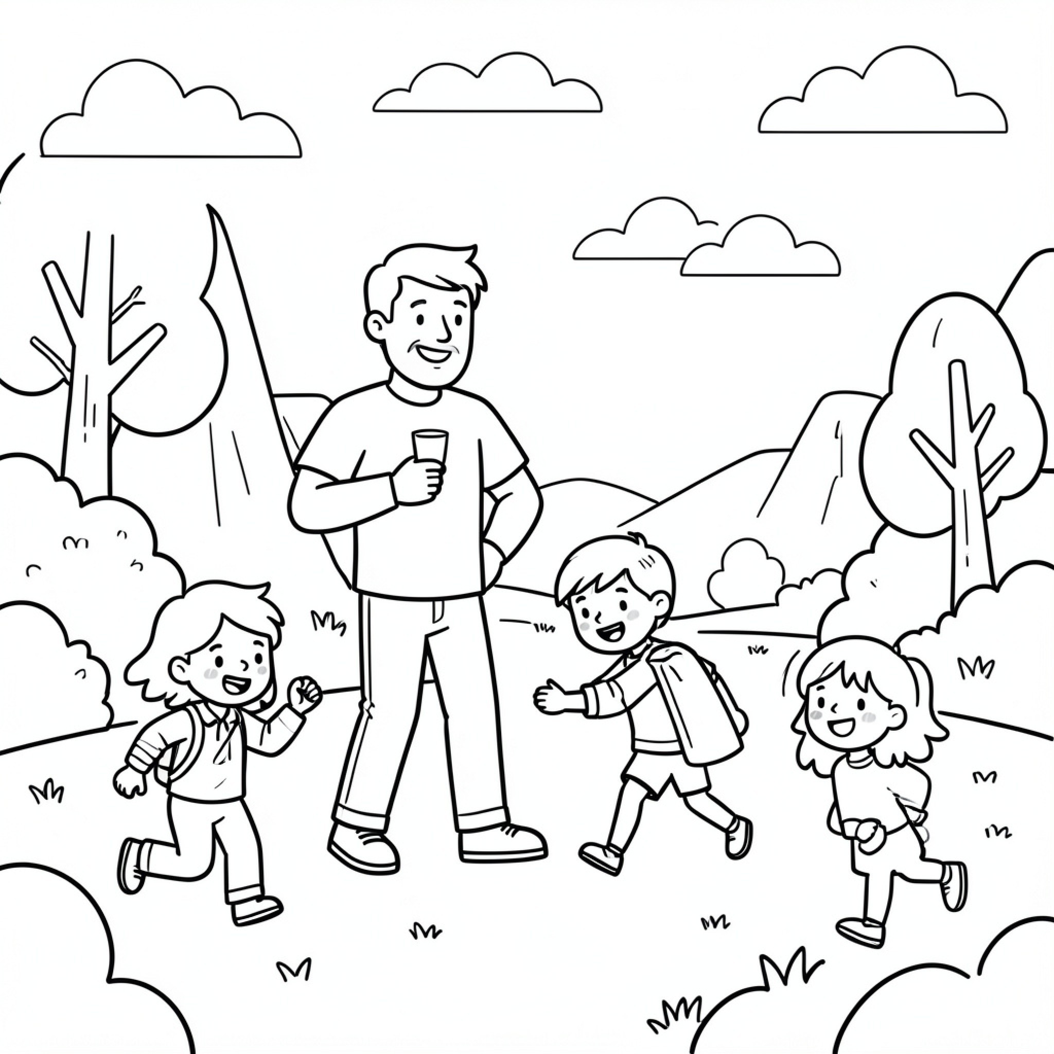 Easy Dadish walking with happy children outdoors Drawing Idea (free black-and-white line drawing printable PDF for all, from beginners to advanced learners, including children, teens, adults, and seniors)