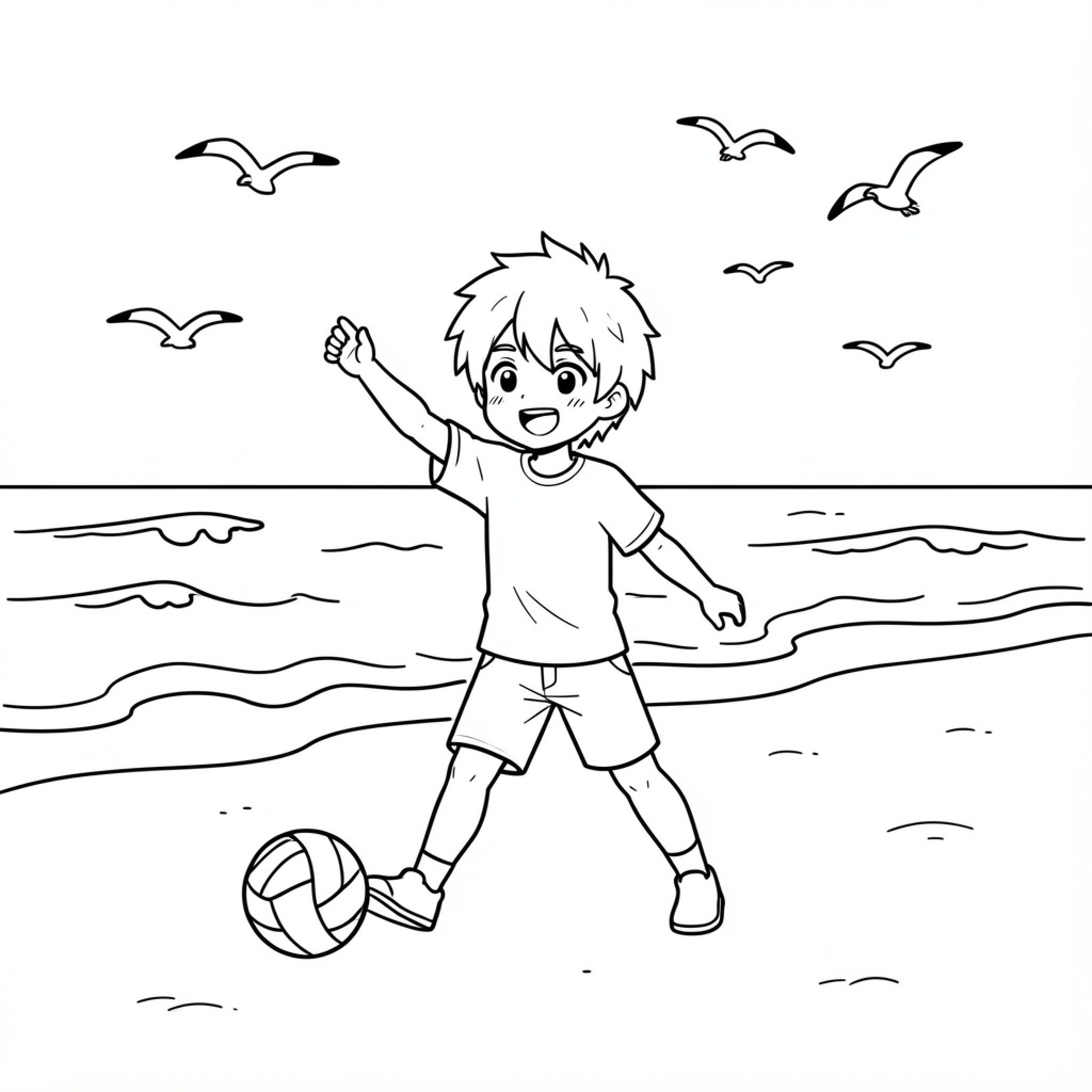 Easy Anime boy playing with a ball at the beach Drawing Idea (free black-and-white line drawing printable PDF for all, from beginners to advanced learners, including children, teens, adults, and seniors)