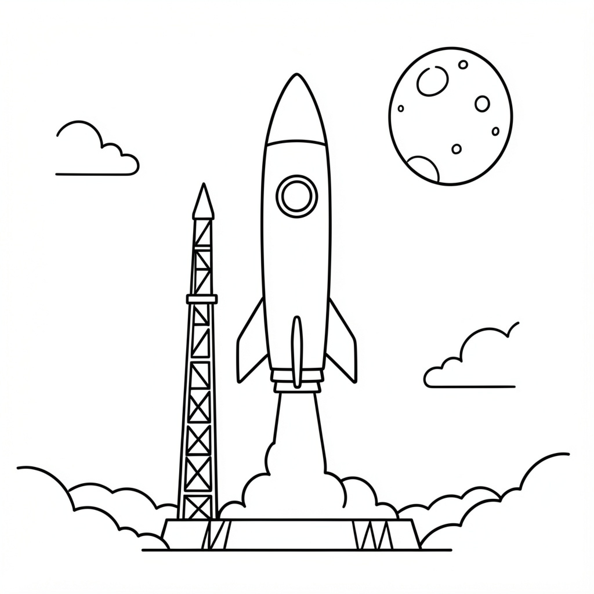 Easy Rocket launching into space toward the moon Drawing Idea (free black-and-white line drawing printable PDF for all, from beginners to advanced learners, including children, teens, adults, and seniors)