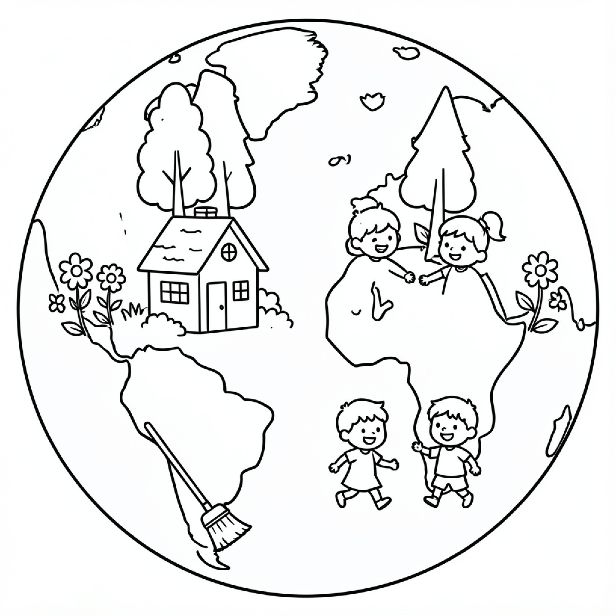 Easy Earth with children interacting with nature and homes Drawing Idea (free black-and-white line drawing printable PDF for all, from beginners to advanced learners, including children, teens, adults, and seniors)