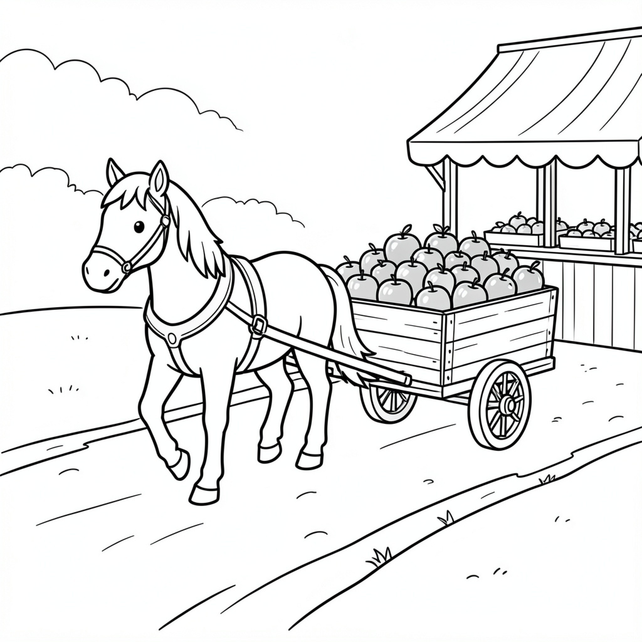 Easy Horse pulling a cart filled with apples Drawing Idea (free black-and-white line drawing printable PDF for all, from beginners to advanced learners, including children, teens, adults, and seniors)