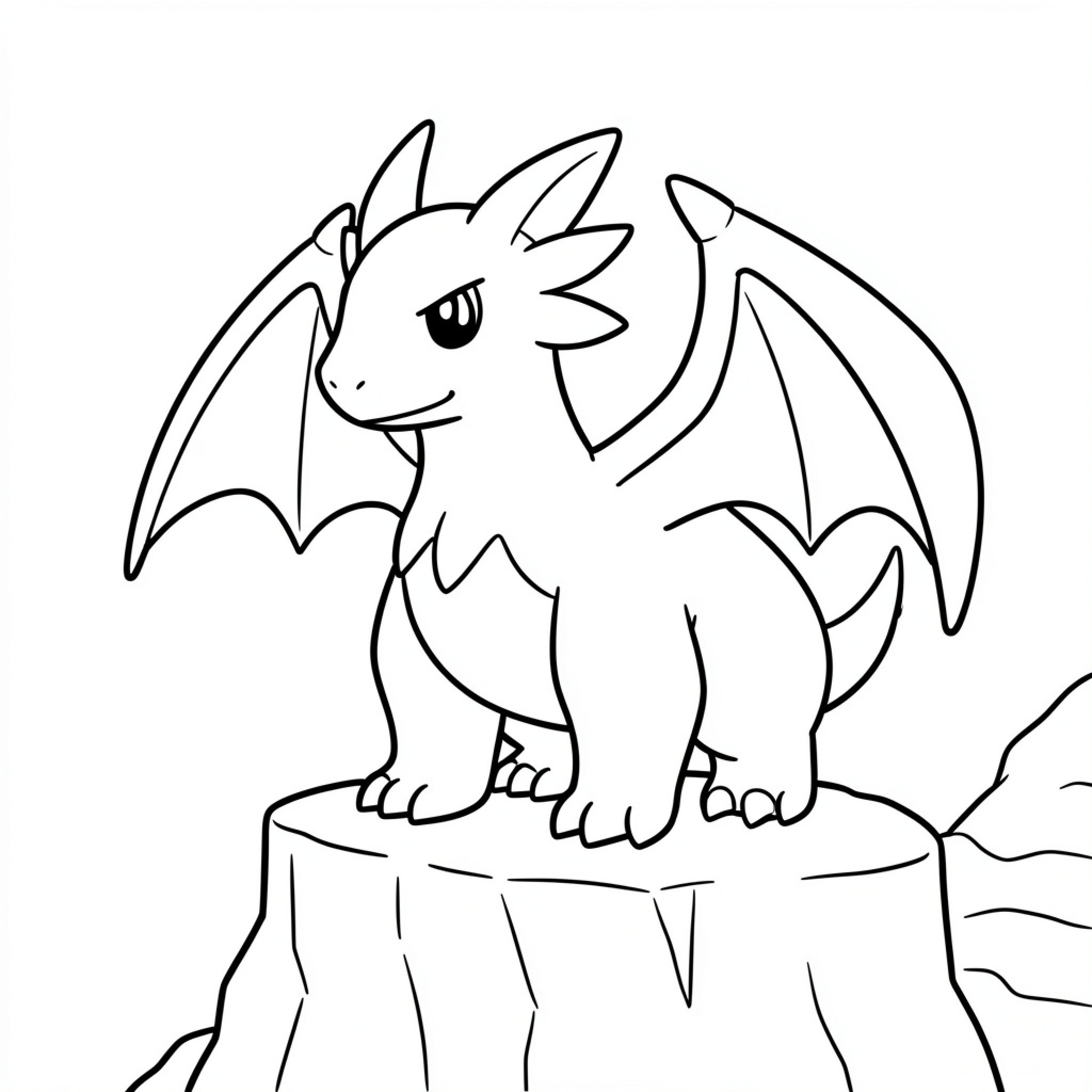 Easy Dracaufeu standing confidently on a tree stump Drawing Idea (free black-and-white line drawing printable PDF for all, from beginners to advanced learners, including children, teens, adults, and seniors)