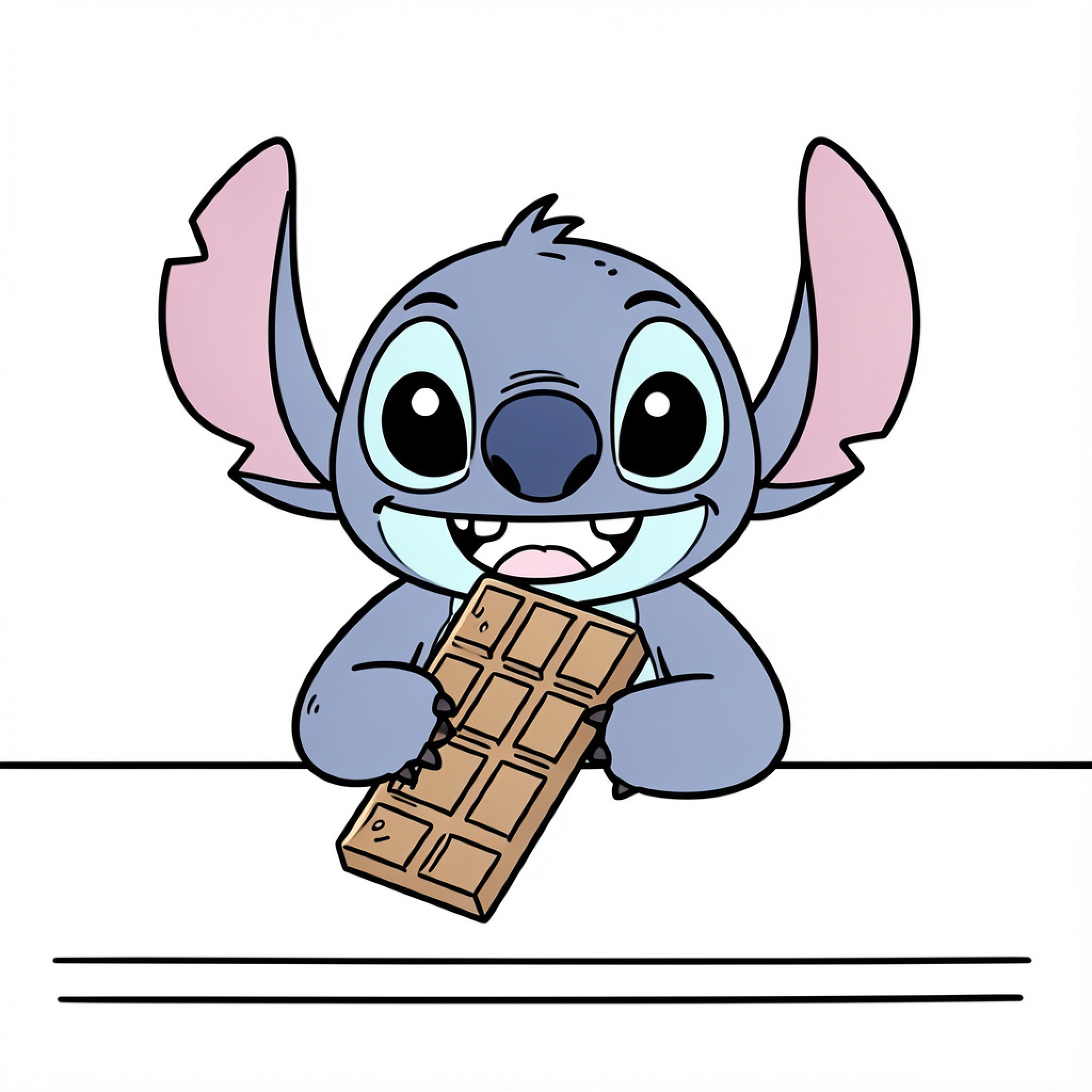 Easy Stitch happily eating a chocolate bar Drawing Idea (free black-and-white line drawing printable PDF for all, from beginners to advanced learners, including children, teens, adults, and seniors)