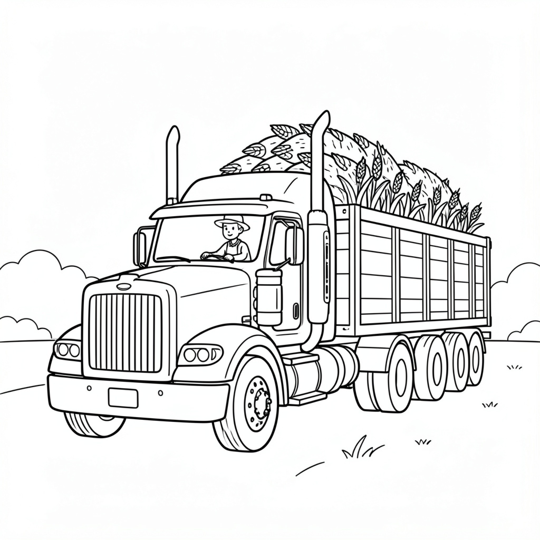 Easy Farmer driving a large truck loaded with crops Drawing Idea (free black-and-white line drawing printable PDF for all, from beginners to advanced learners, including children, teens, adults, and seniors)
