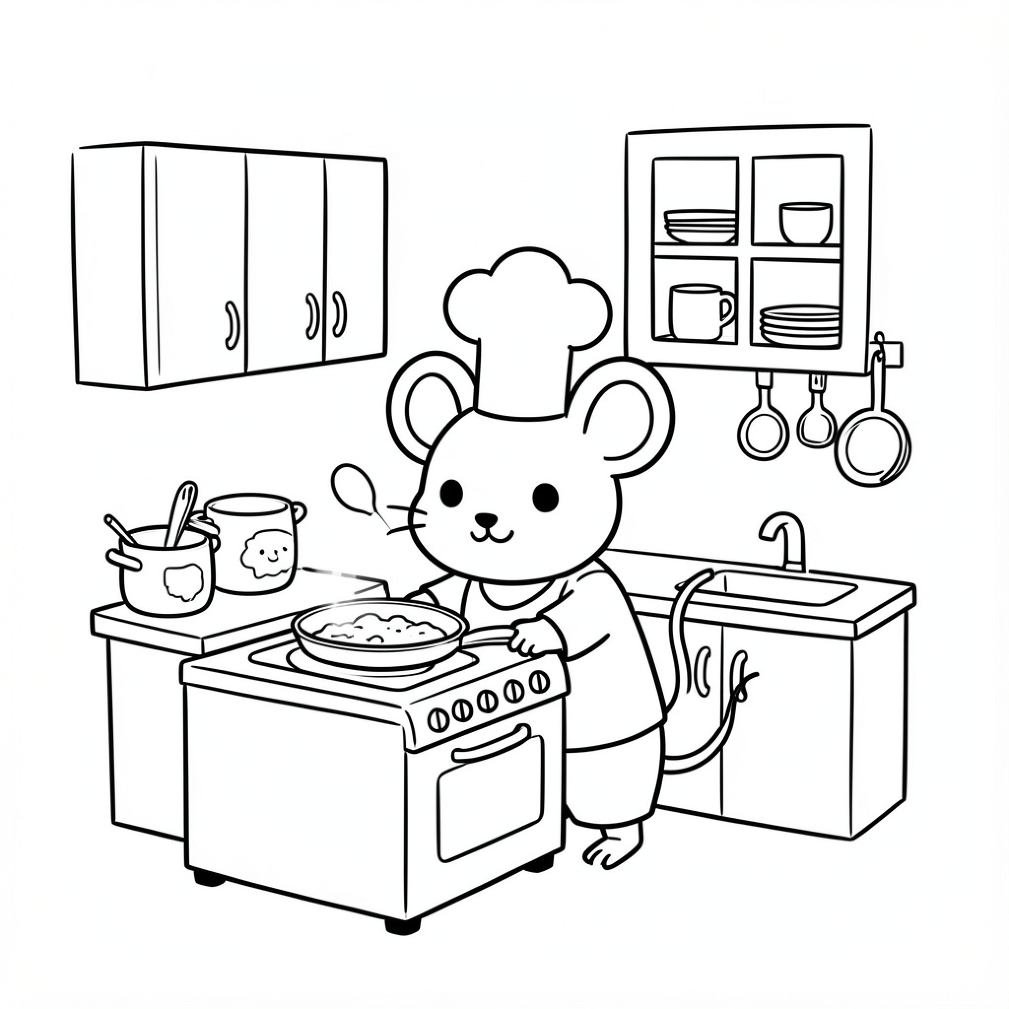 Easy Mouse wearing chef hat cooking at the stove Drawing Idea (free black-and-white line drawing printable PDF for all, from beginners to advanced learners, including children, teens, adults, and seniors)