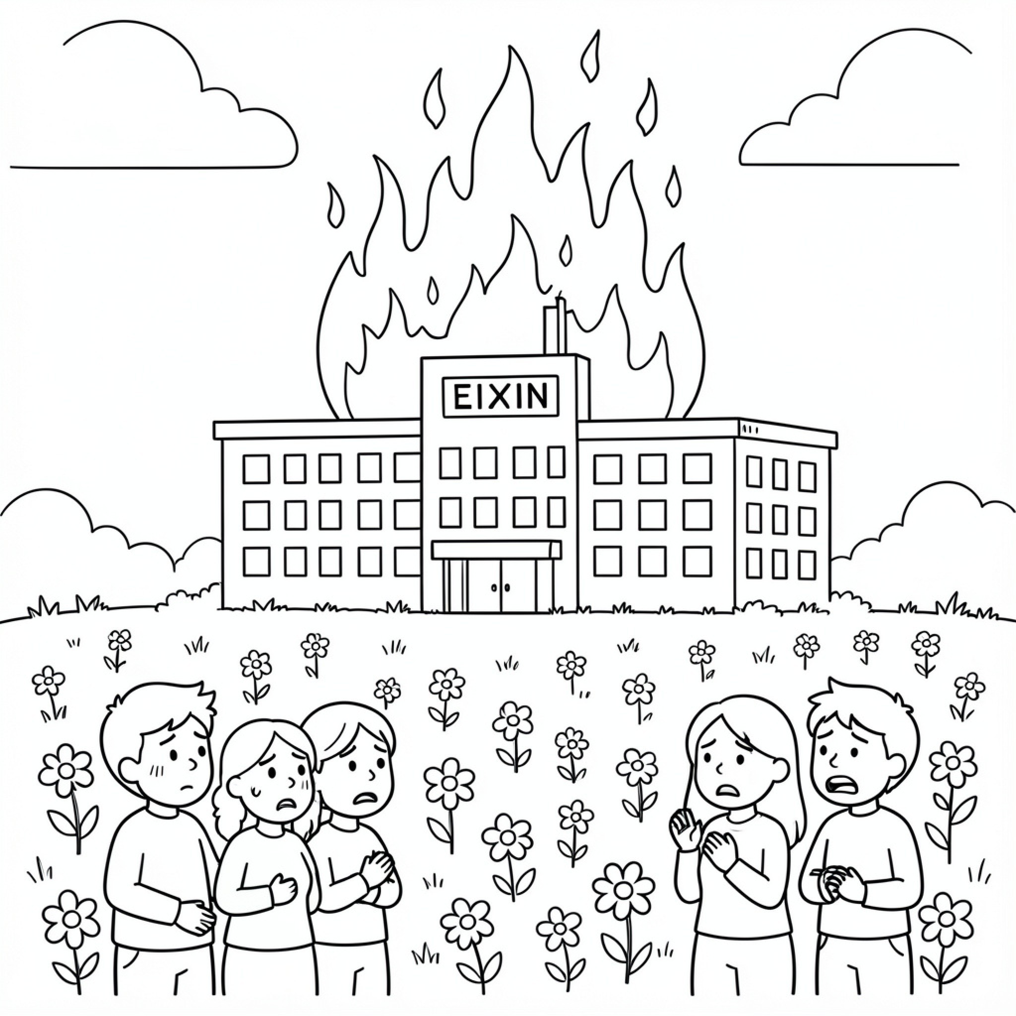 Easy Hospital building on fire with worried people Drawing Idea (free black-and-white line drawing printable PDF for all, from beginners to advanced learners, including children, teens, adults, and seniors)