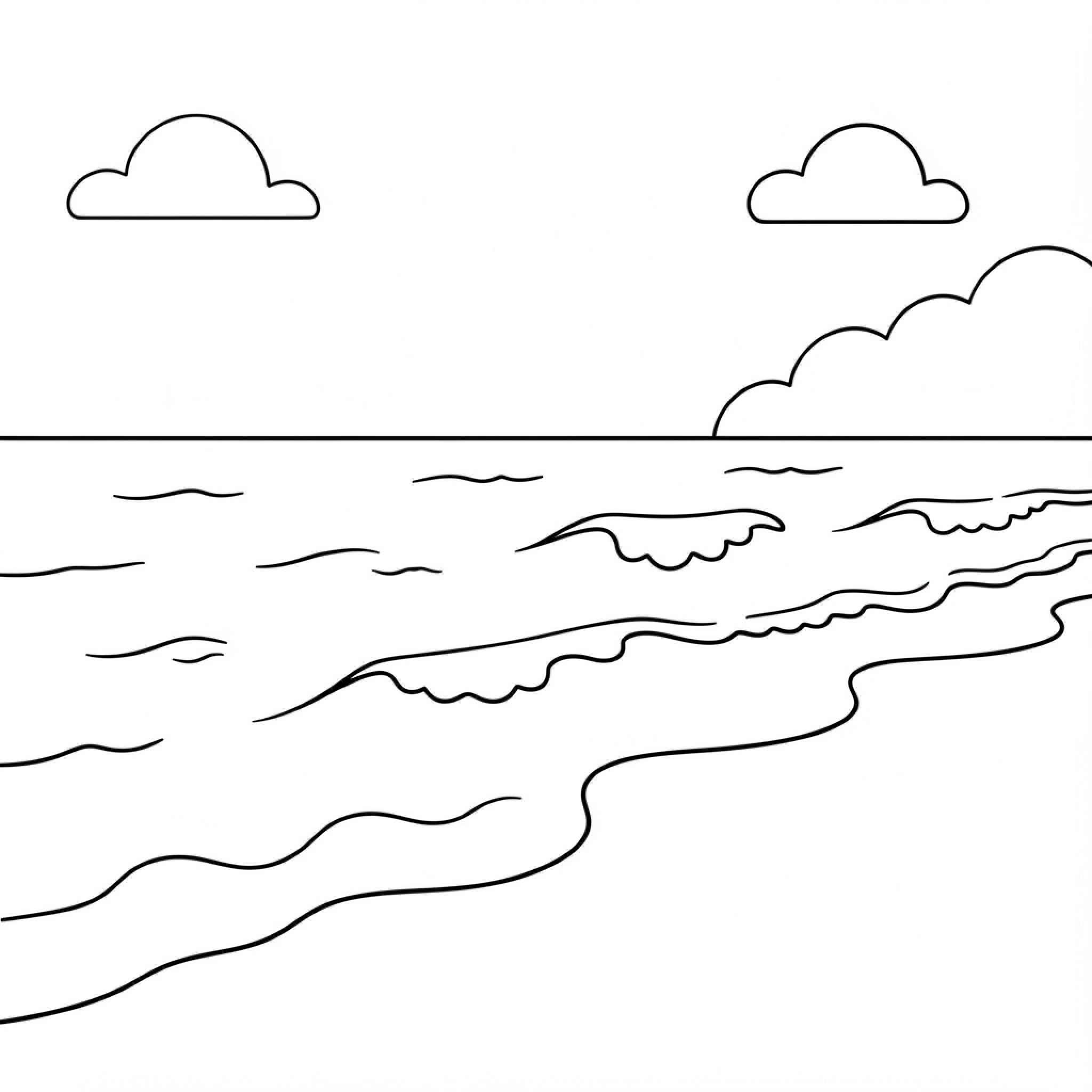 Easy Plage scene of ocean waves and clouds Drawing Idea (free black-and-white line drawing printable PDF for all, from beginners to advanced learners, including children, teens, adults, and seniors)