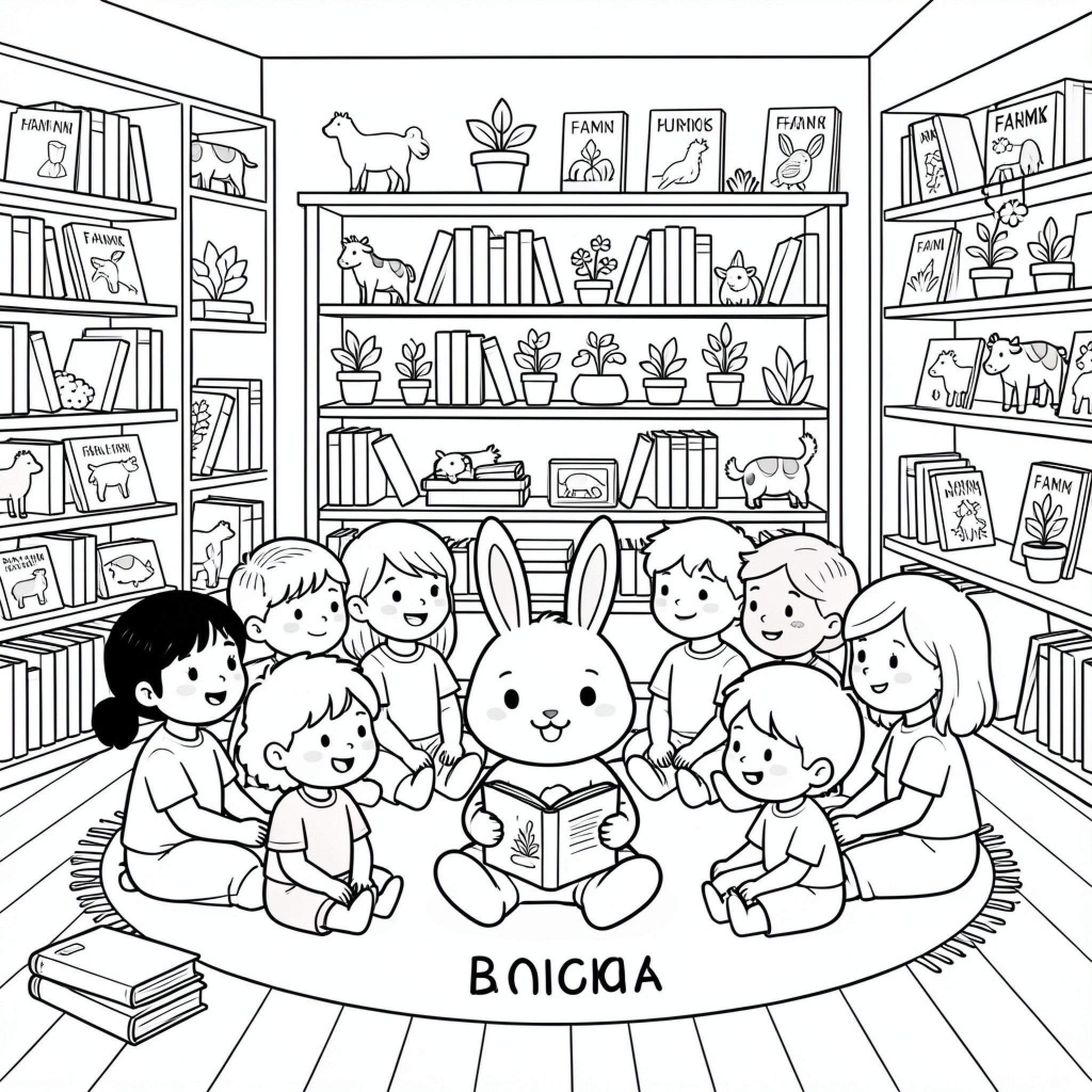 Easy Bunny reading a book with group of friends Drawing Idea (free black-and-white line drawing printable PDF for all, from beginners to advanced learners, including children, teens, adults, and seniors)