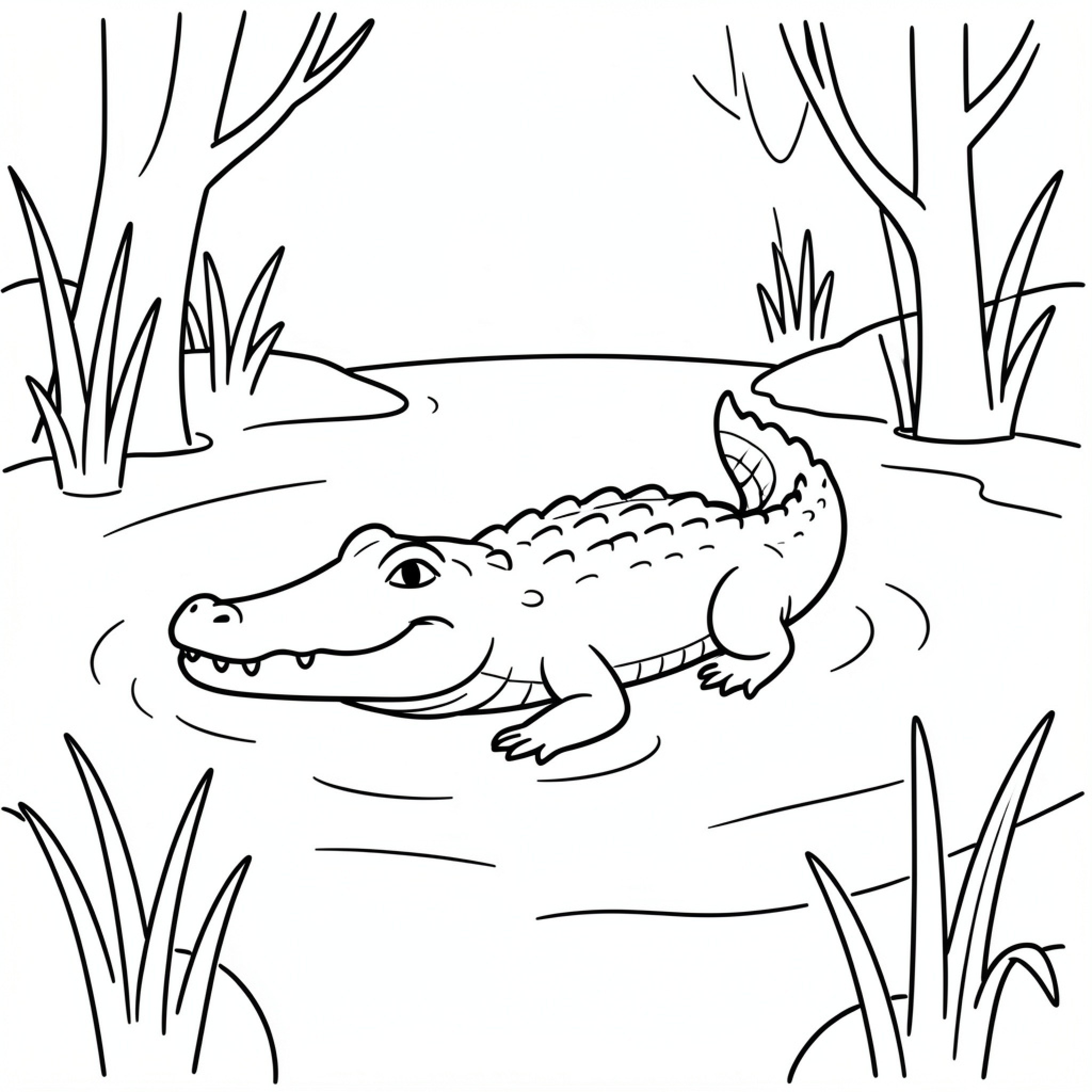 Easy Alligator swimming calmly in a swampy pond Drawing Idea (free black-and-white line drawing printable PDF for all, from beginners to advanced learners, including children, teens, adults, and seniors)