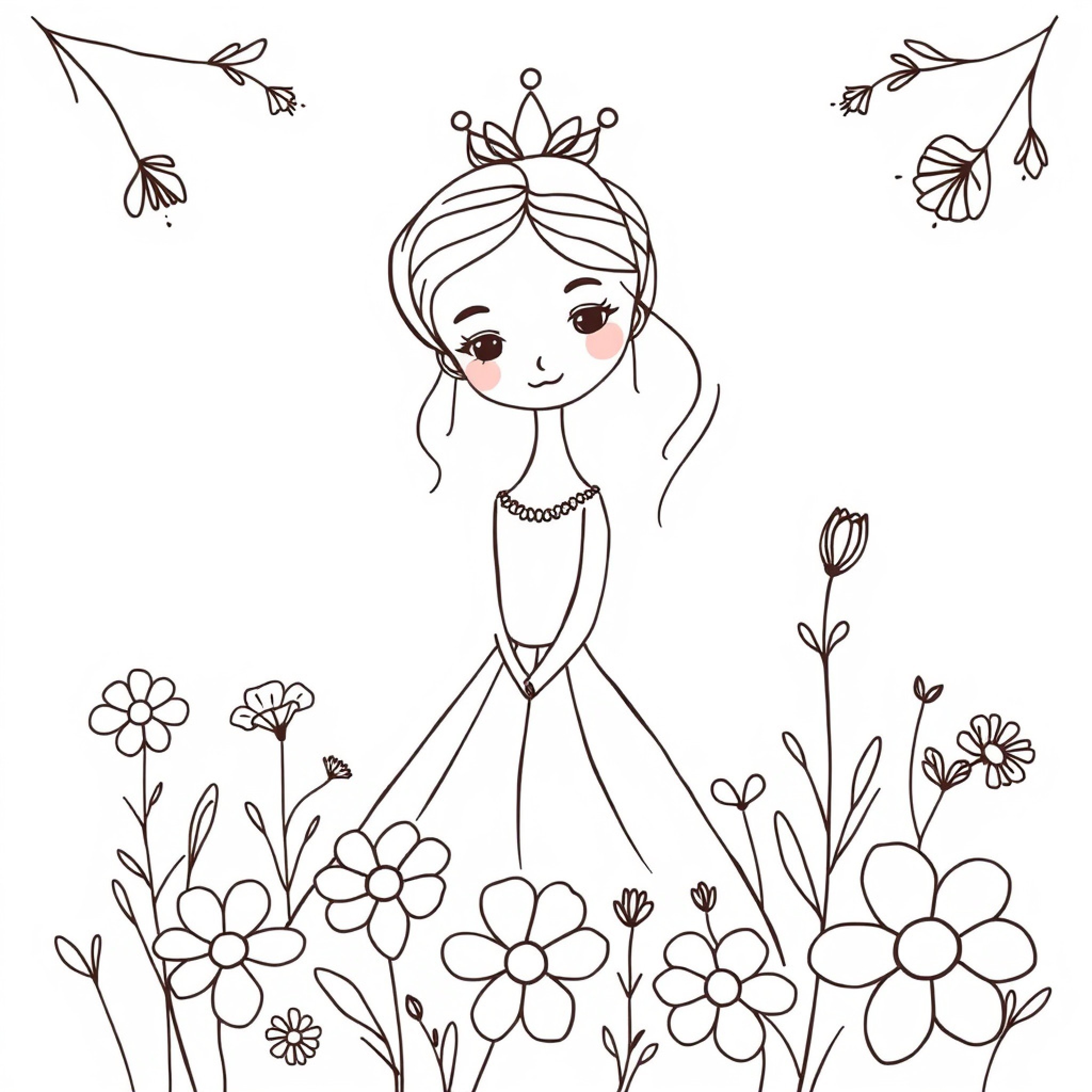 Easy Isabella wearing a crown in a flower garden Drawing Idea (free black-and-white line drawing printable PDF for all, from beginners to advanced learners, including children, teens, adults, and seniors)
