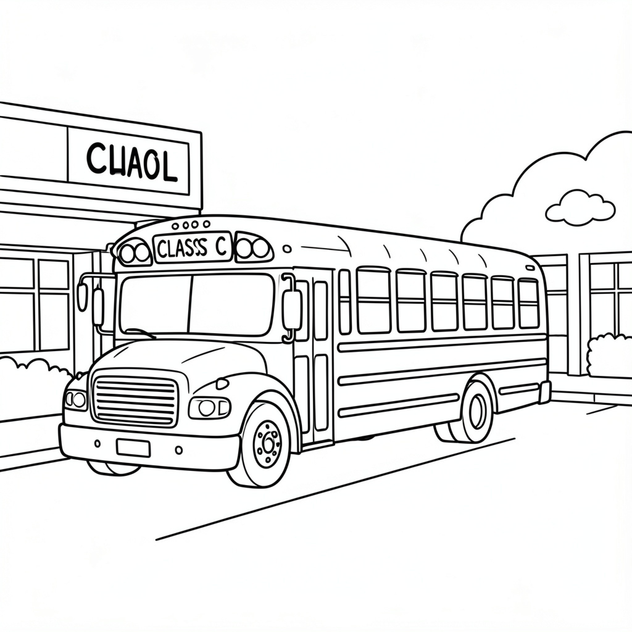 Easy Bus parked in front of a school building Drawing Idea (free black-and-white line drawing printable PDF for all, from beginners to advanced learners, including children, teens, adults, and seniors)