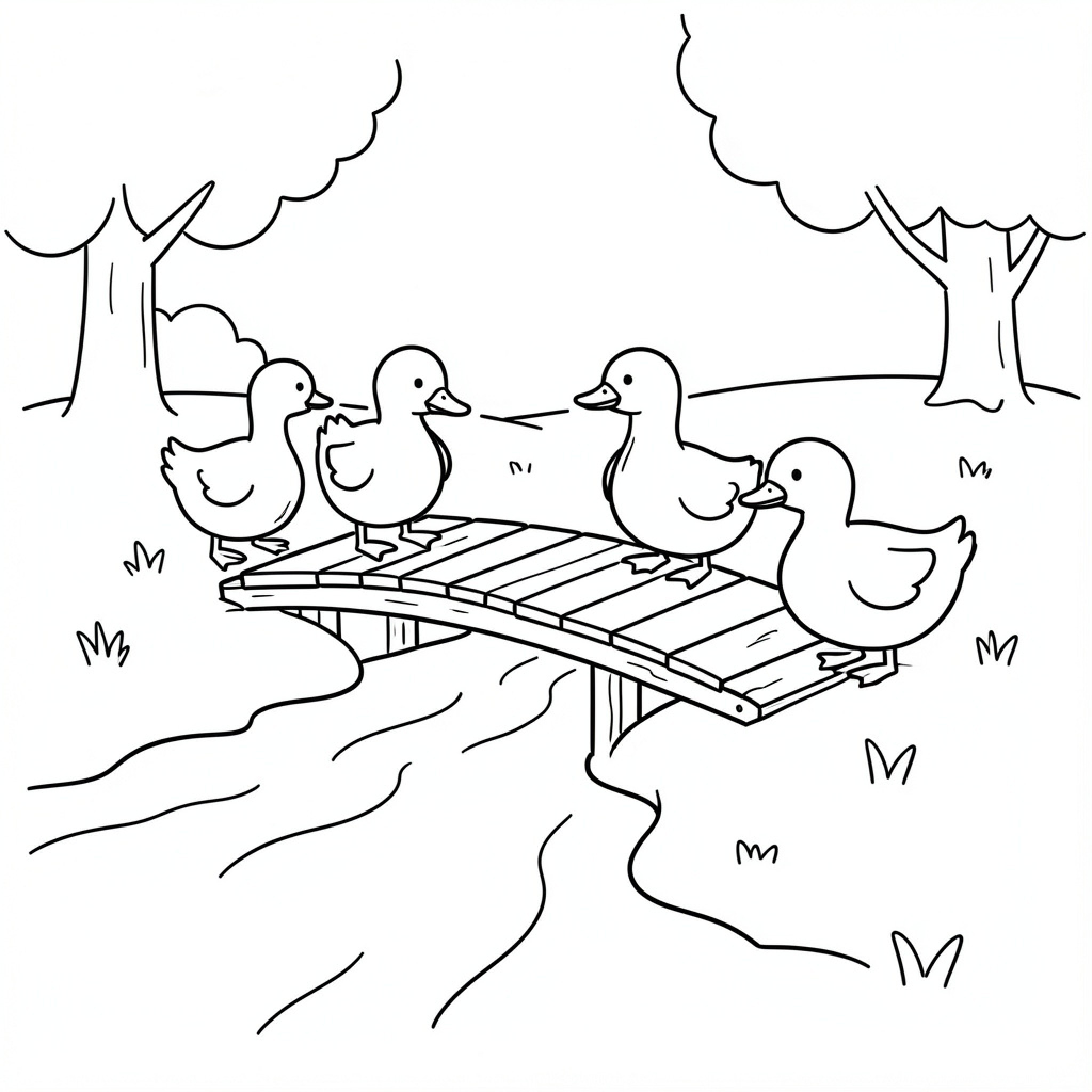 Easy Duck walking across a wooden bridge Drawing Idea (free black-and-white line drawing printable PDF for all, from beginners to advanced learners, including children, teens, adults, and seniors)