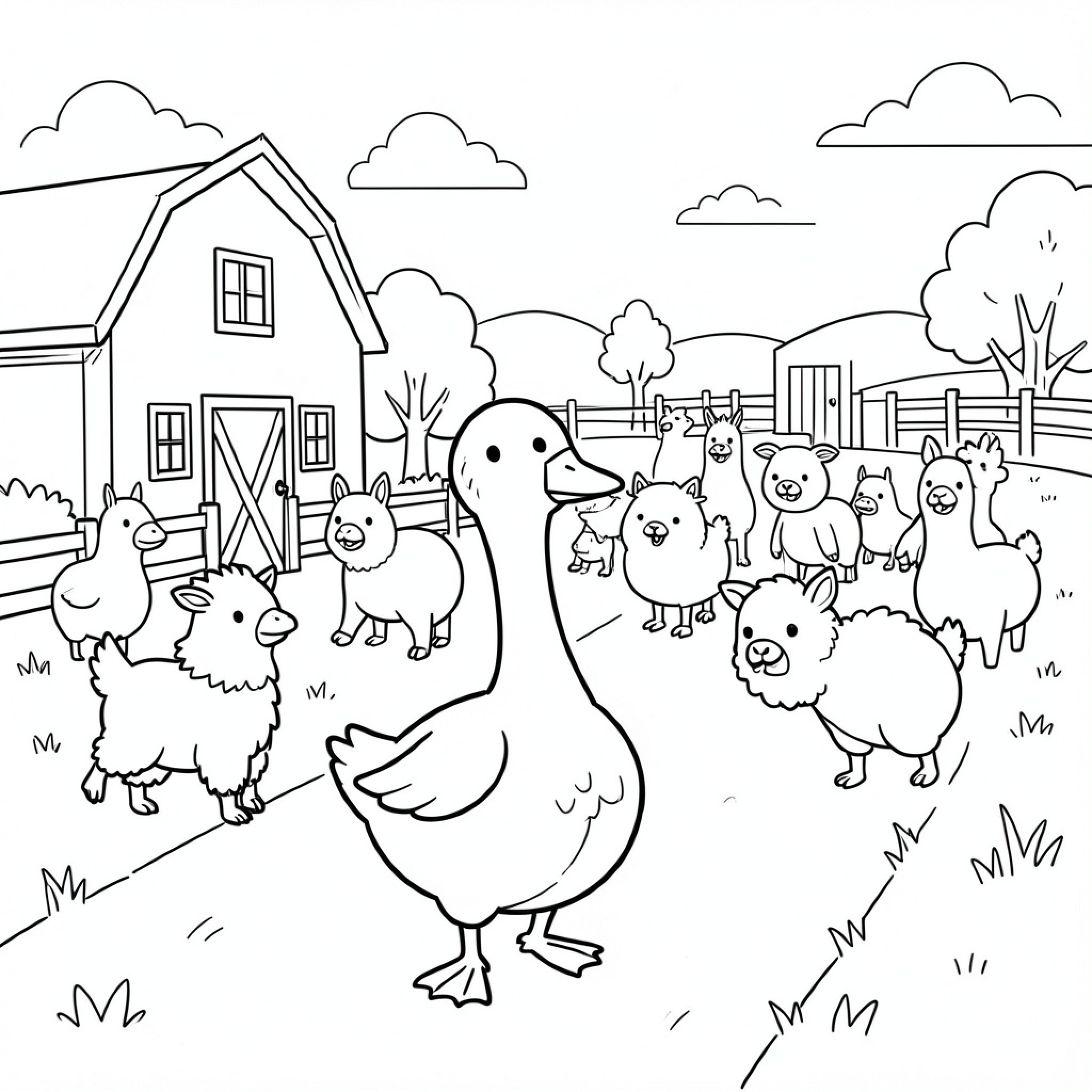 Easy Goose walking through a farm with animals Drawing Idea (free black-and-white line drawing printable PDF for all, from beginners to advanced learners, including children, teens, adults, and seniors)