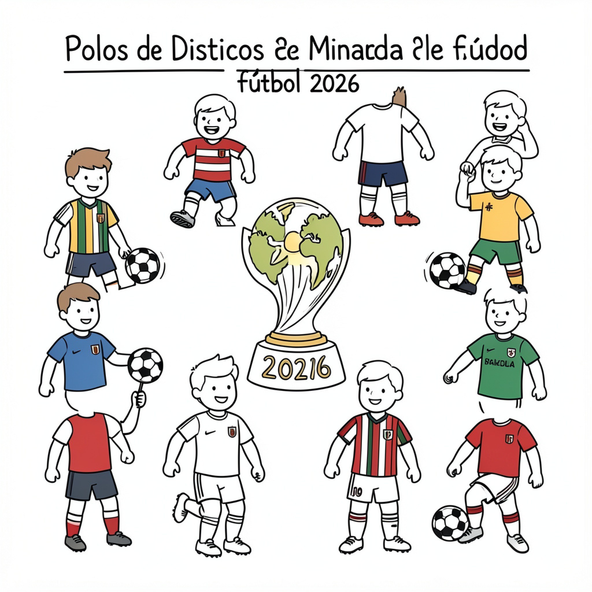 Easy Countries characters playing soccer around a trophy Drawing Idea (free black-and-white line drawing printable PDF for all, from beginners to advanced learners, including children, teens, adults, and seniors)