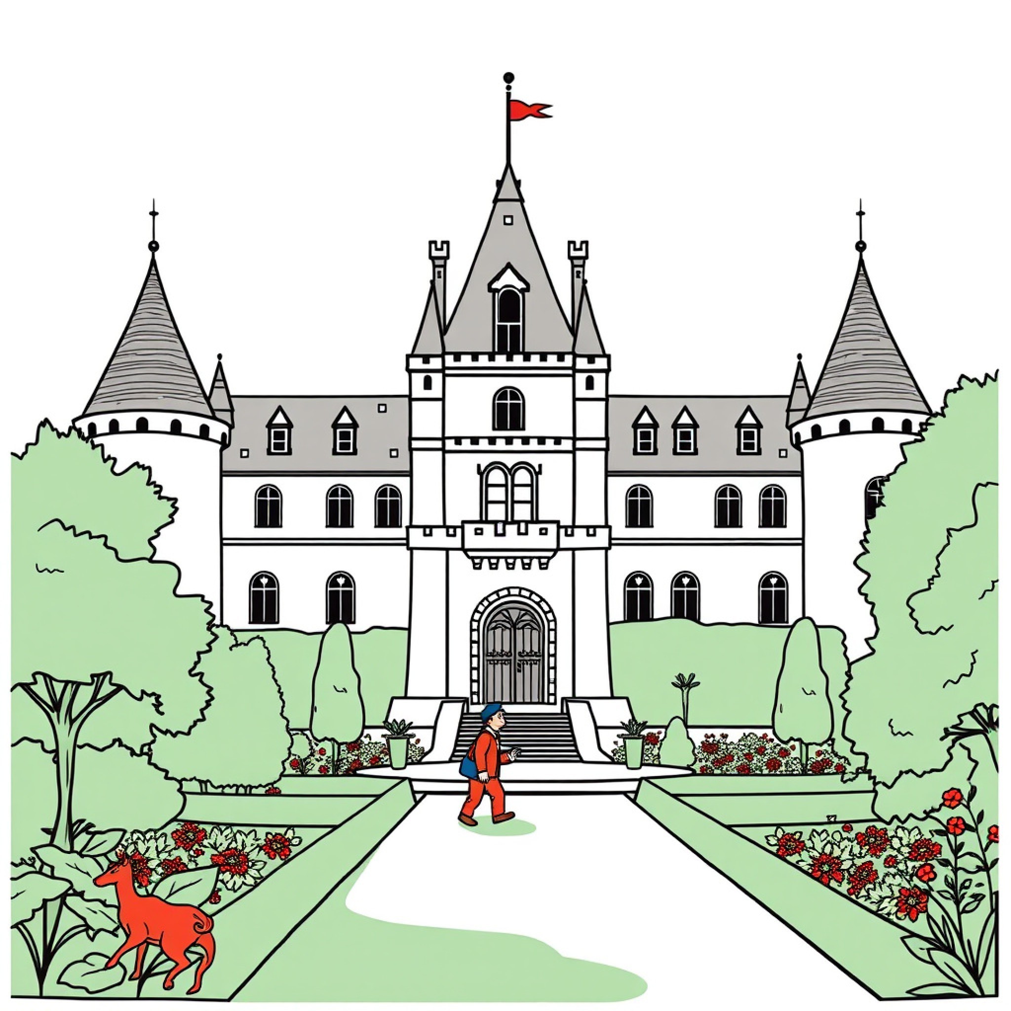 Easy Tintin walking through a grand castle garden Drawing Idea (free black-and-white line drawing printable PDF for all, from beginners to advanced learners, including children, teens, adults, and seniors)