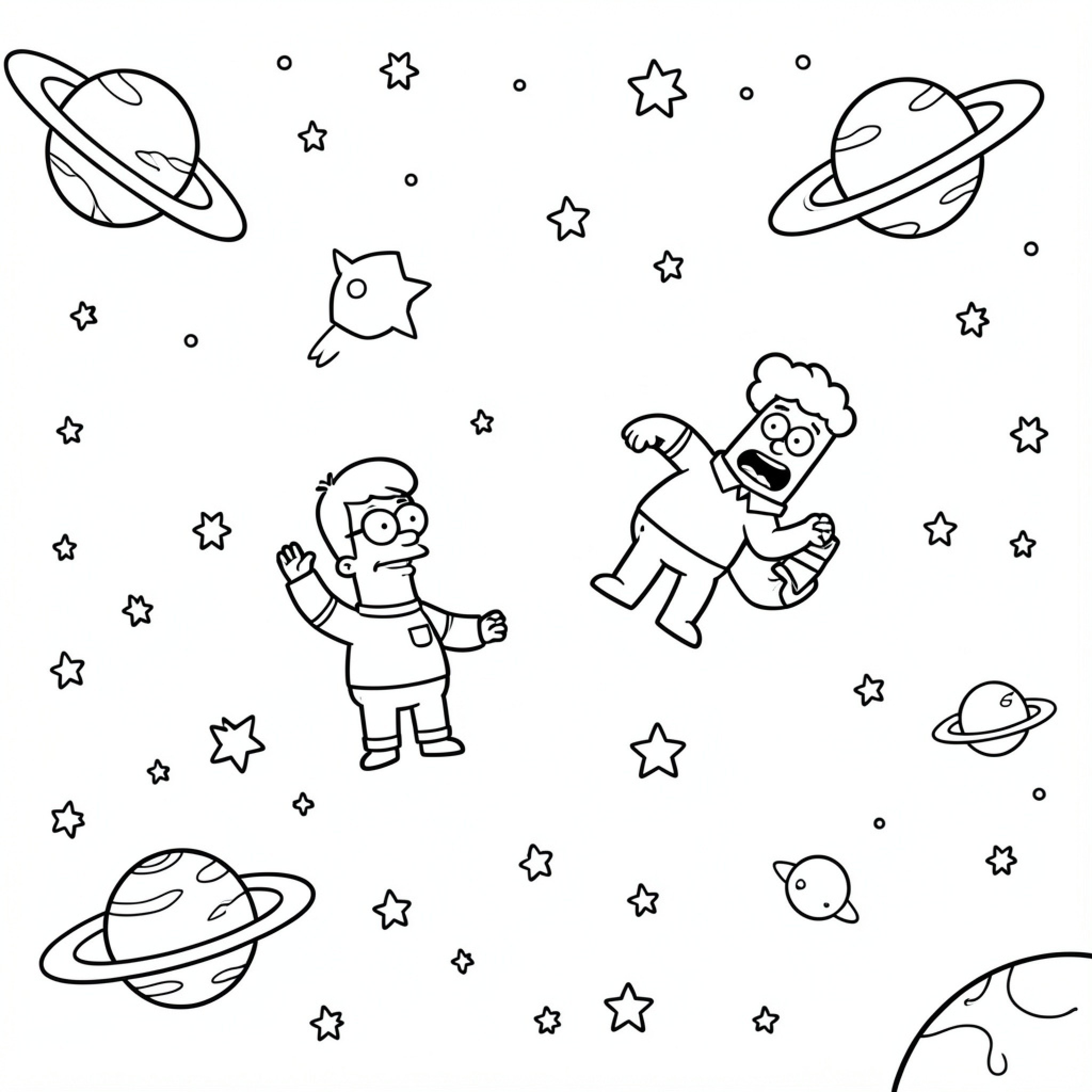Easy Futurama Character floating in outer space Drawing Idea (free black-and-white line drawing printable PDF for all, from beginners to advanced learners, including children, teens, adults, and seniors)