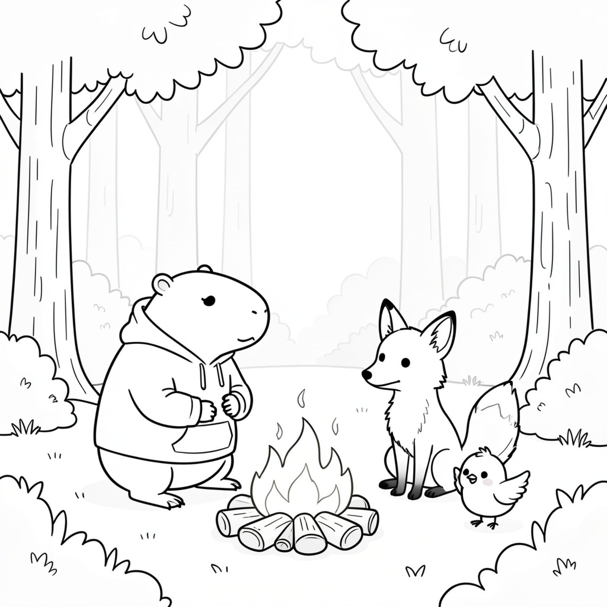 Easy Capybara and friends gathering around a campfire Drawing Idea (free black-and-white line drawing printable PDF for all, from beginners to advanced learners, including children, teens, adults, and seniors)