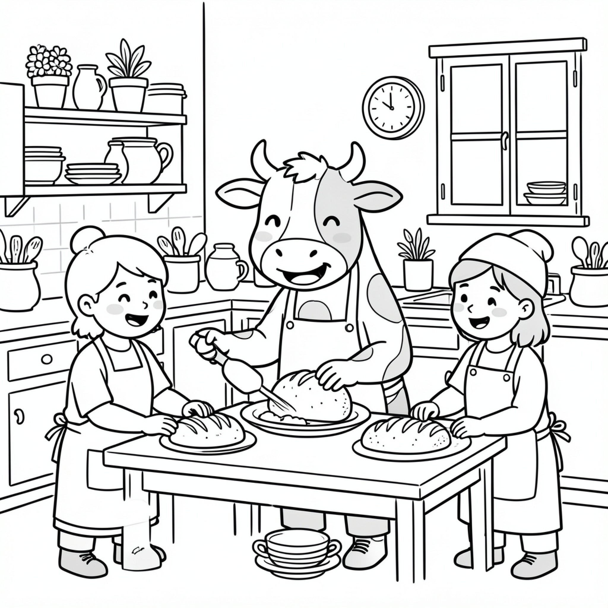 Easy Cow baking bread with two happy children Drawing Idea (free black-and-white line drawing printable PDF for all, from beginners to advanced learners, including children, teens, adults, and seniors)