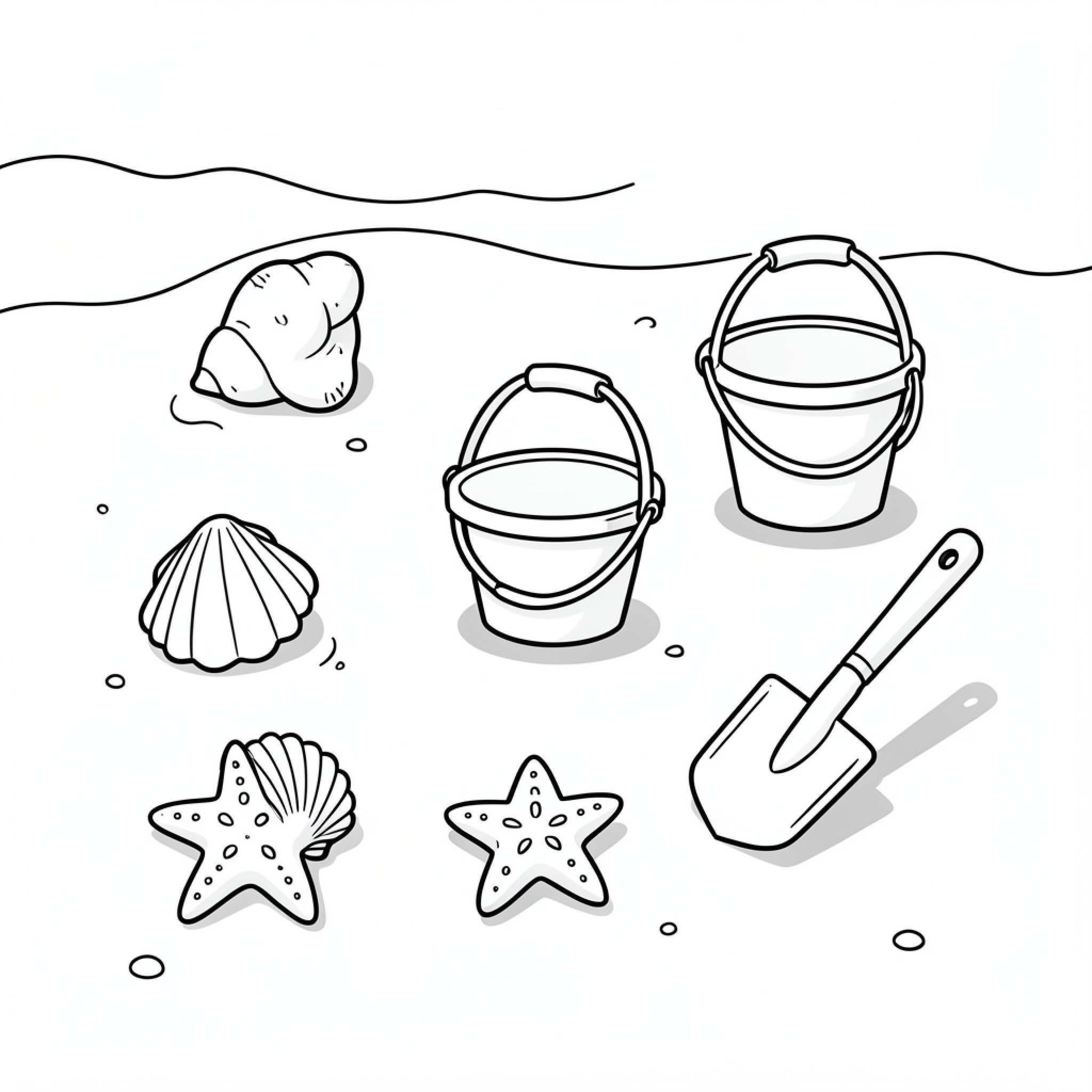 Easy Shell collecting with buckets and shovel Drawing Idea (free black-and-white line drawing printable PDF for all, from beginners to advanced learners, including children, teens, adults, and seniors)