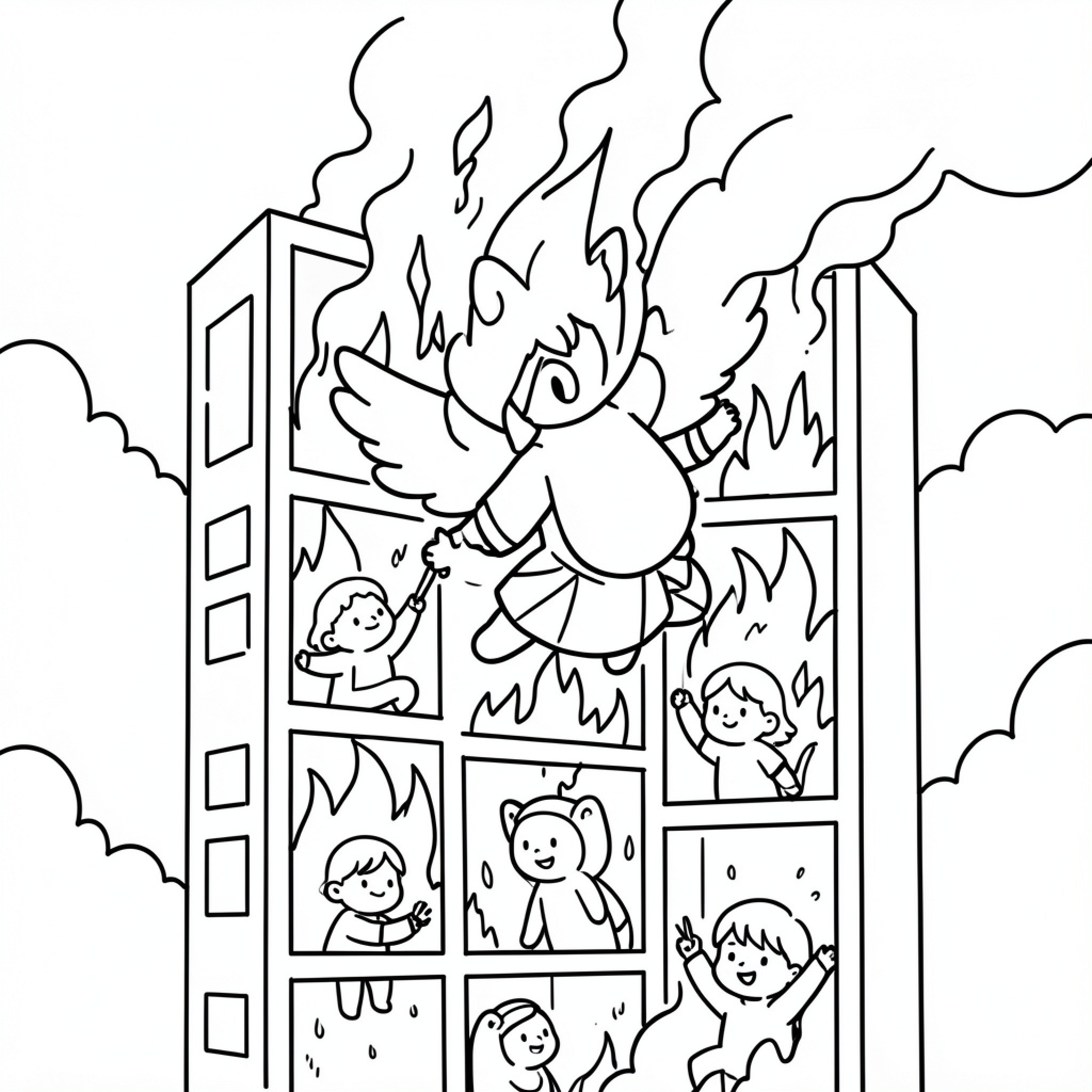 Easy Super Lillie rescuing people from a burning building Drawing Idea (free black-and-white line drawing printable PDF for all, from beginners to advanced learners, including children, teens, adults, and seniors)