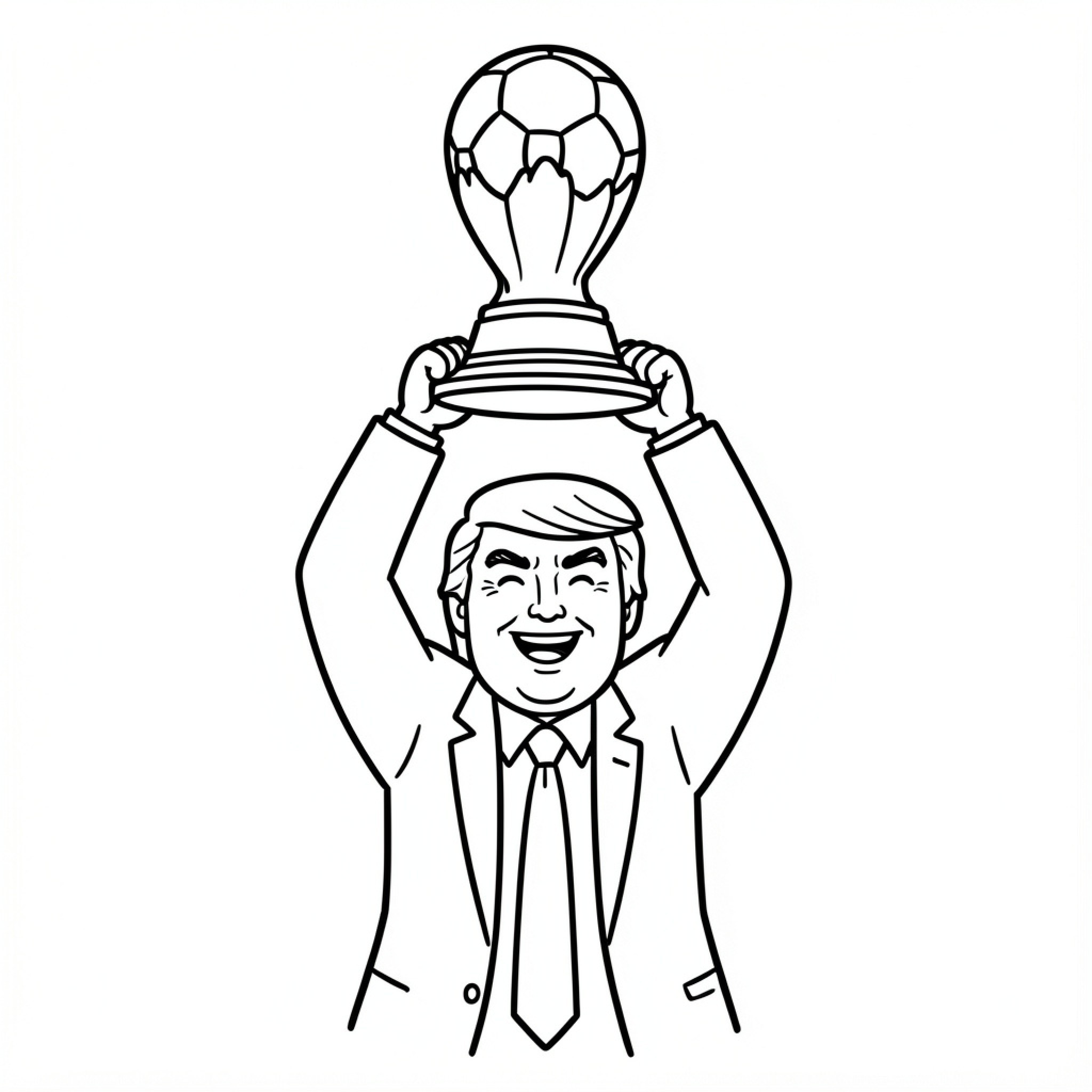 Easy Trump holding a soccer trophy high up Drawing Idea (free black-and-white line drawing printable PDF for all, from beginners to advanced learners, including children, teens, adults, and seniors)