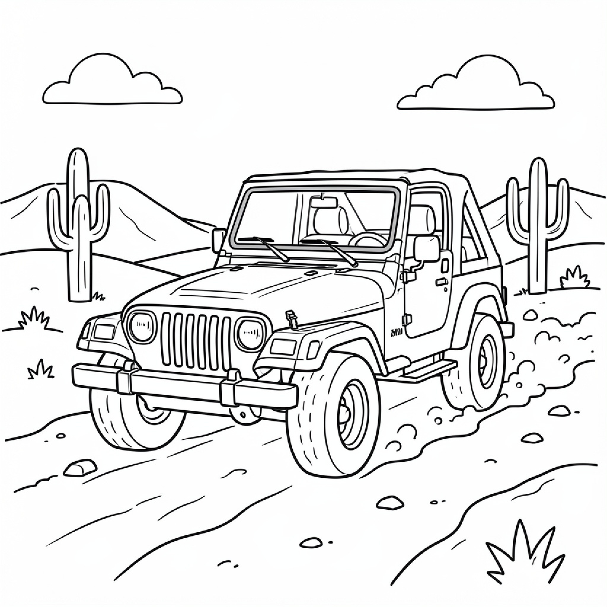 Easy Jeep driving through a desert landscape Drawing Idea (free black-and-white line drawing printable PDF for all, from beginners to advanced learners, including children, teens, adults, and seniors)