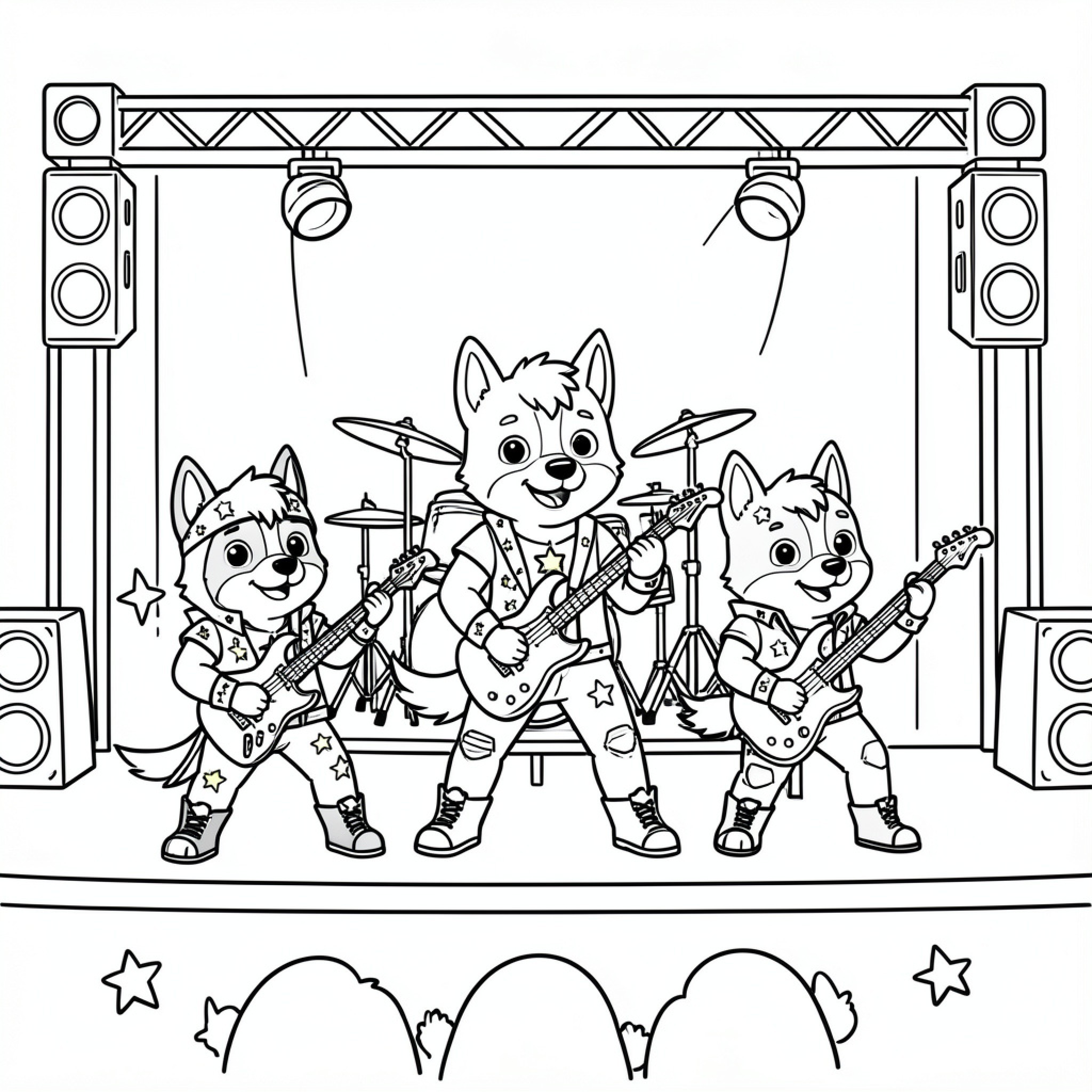 Easy Paw Patrol pups performing on a concert stage Drawing Idea (free black-and-white line drawing printable PDF for all, from beginners to advanced learners, including children, teens, adults, and seniors)