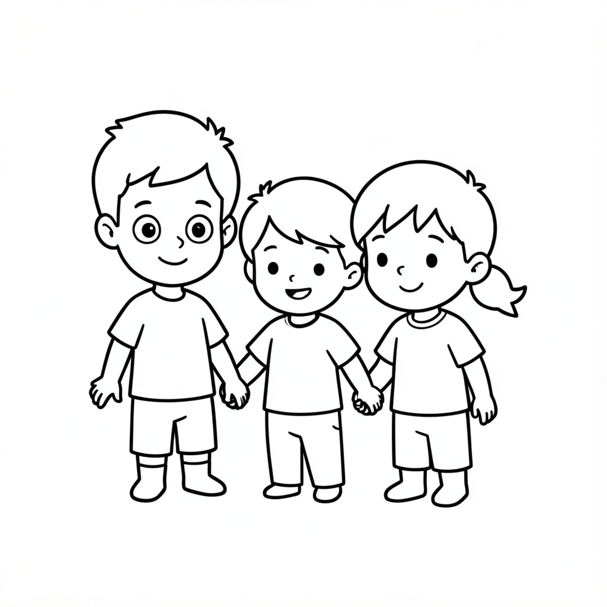Easy Cartoon Character three children holding hands Drawing Idea (free black-and-white line drawing printable PDF for all, from beginners to advanced learners, including children, teens, adults, and seniors)