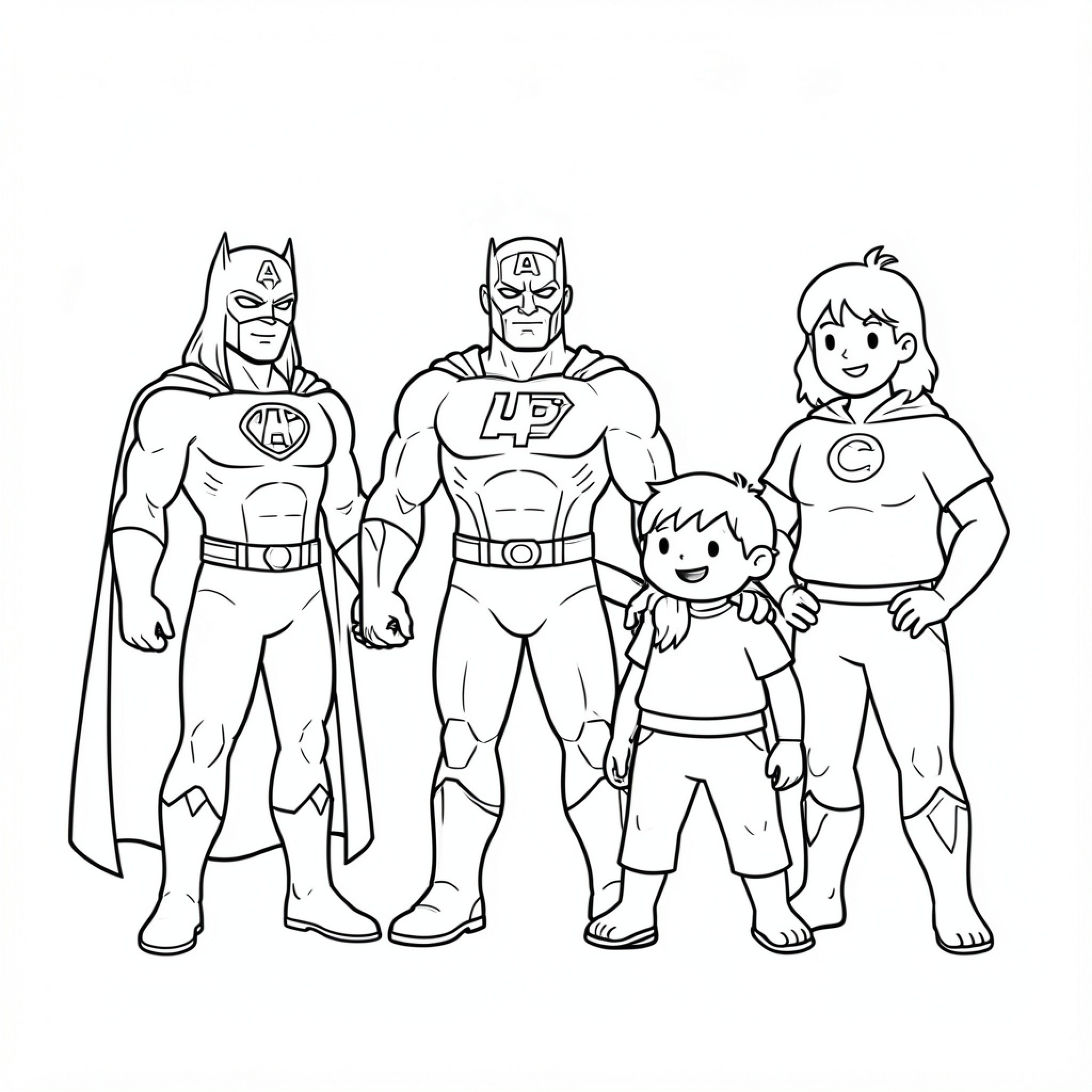 Easy Marvel DC superheroes posing with a happy family Drawing Idea (free black-and-white line drawing printable PDF for all, from beginners to advanced learners, including children, teens, adults, and seniors)