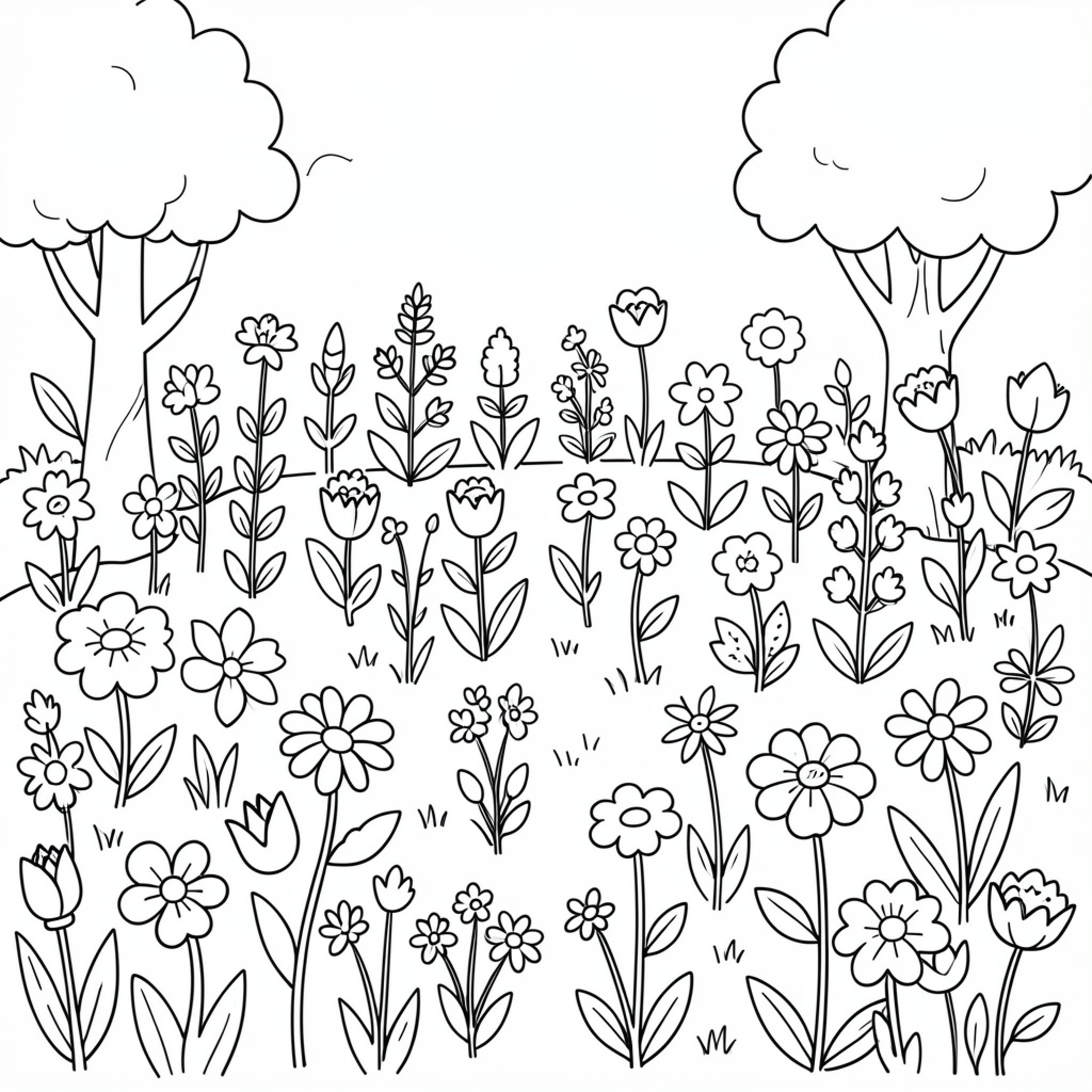Easy Garden filled with blooming flowers and trees Drawing Idea (free black-and-white line drawing printable PDF for all, from beginners to advanced learners, including children, teens, adults, and seniors)