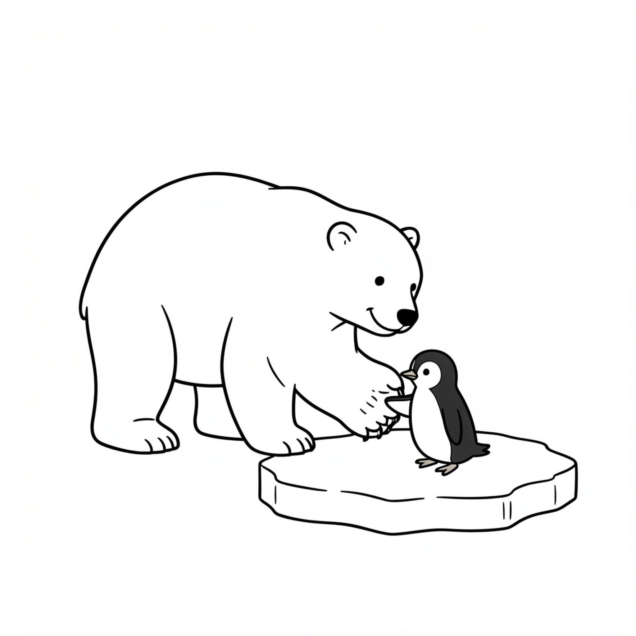 Easy Polar Bear interacting with a small penguin Drawing Idea (free black-and-white line drawing printable PDF for all, from beginners to advanced learners, including children, teens, adults, and seniors)