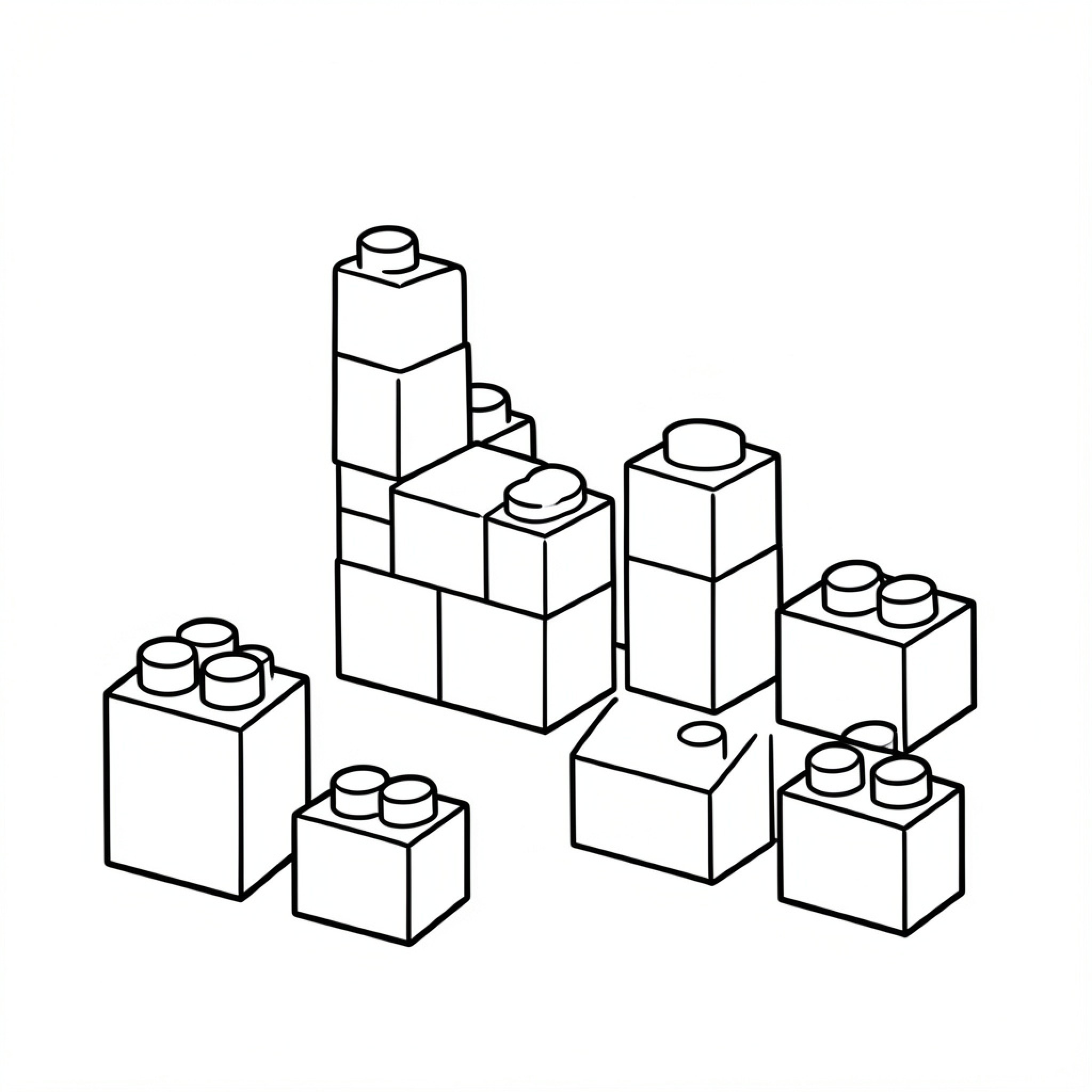 Easy Lego building blocks stacked in different shapes Drawing Idea (free black-and-white line drawing printable PDF for all, from beginners to advanced learners, including children, teens, adults, and seniors)