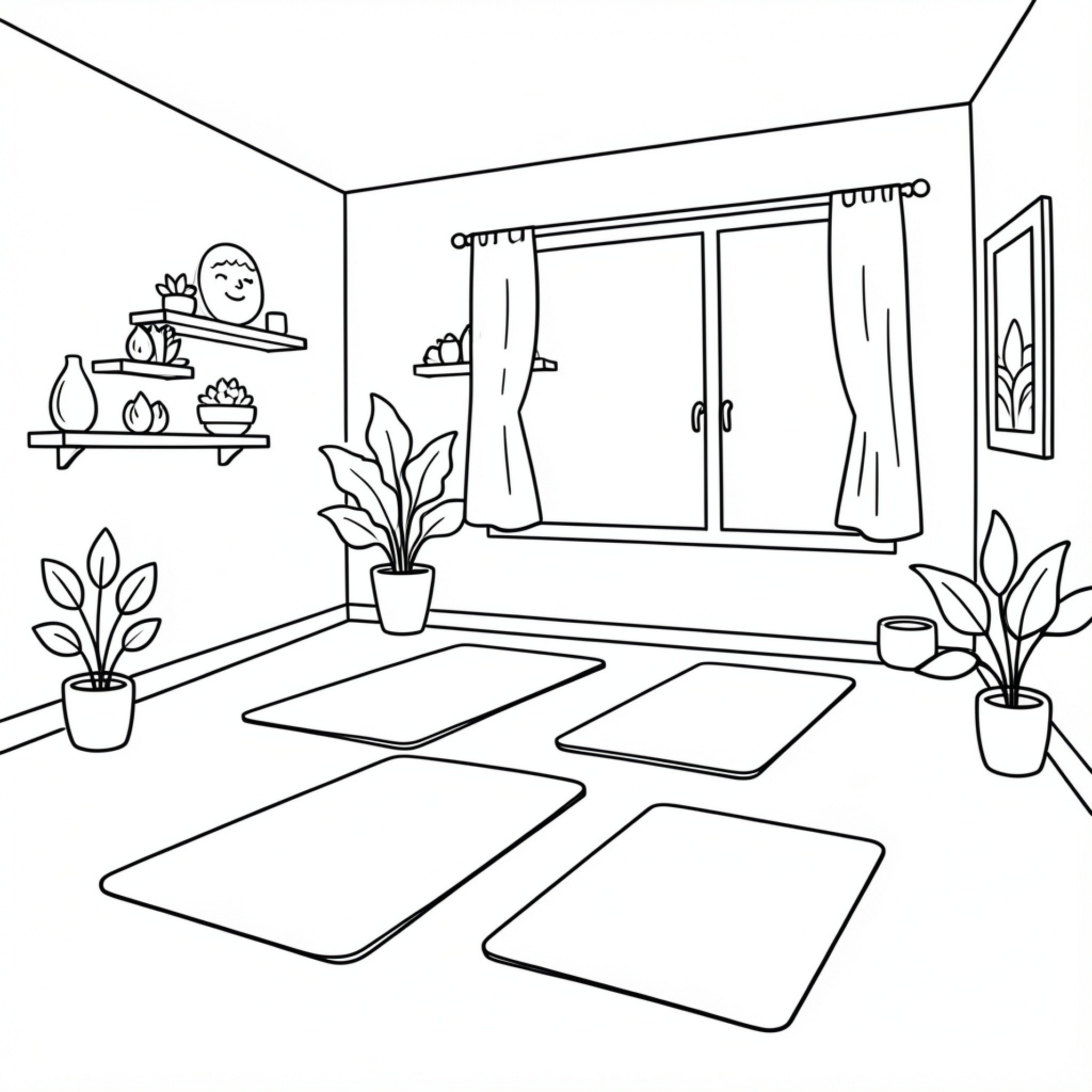 Easy Yoga studio setup with mats and indoor plants Drawing Idea (free black-and-white line drawing printable PDF for all, from beginners to advanced learners, including children, teens, adults, and seniors)
