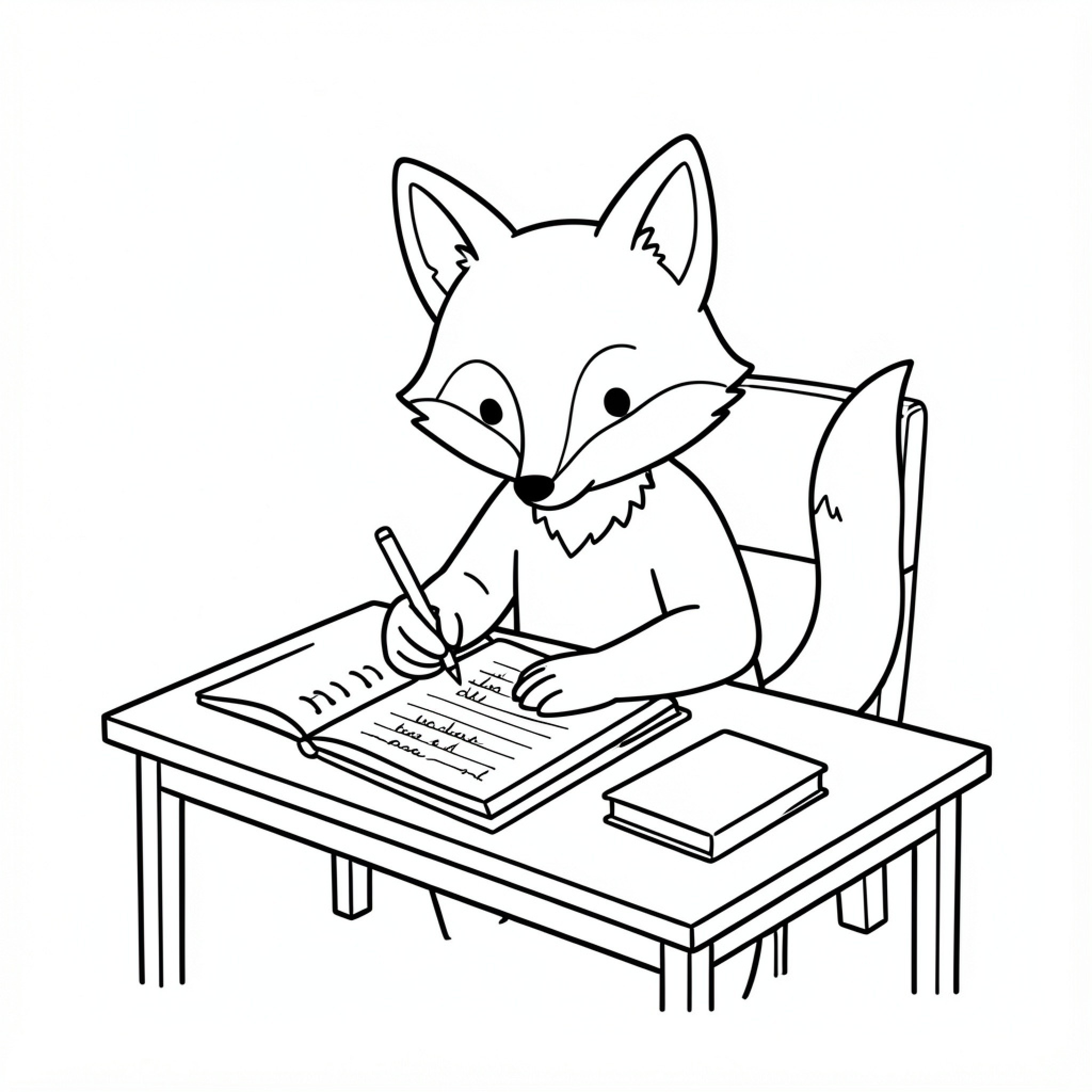 Easy Fox writing diligently in an open notebook Drawing Idea (free black-and-white line drawing printable PDF for all, from beginners to advanced learners, including children, teens, adults, and seniors)